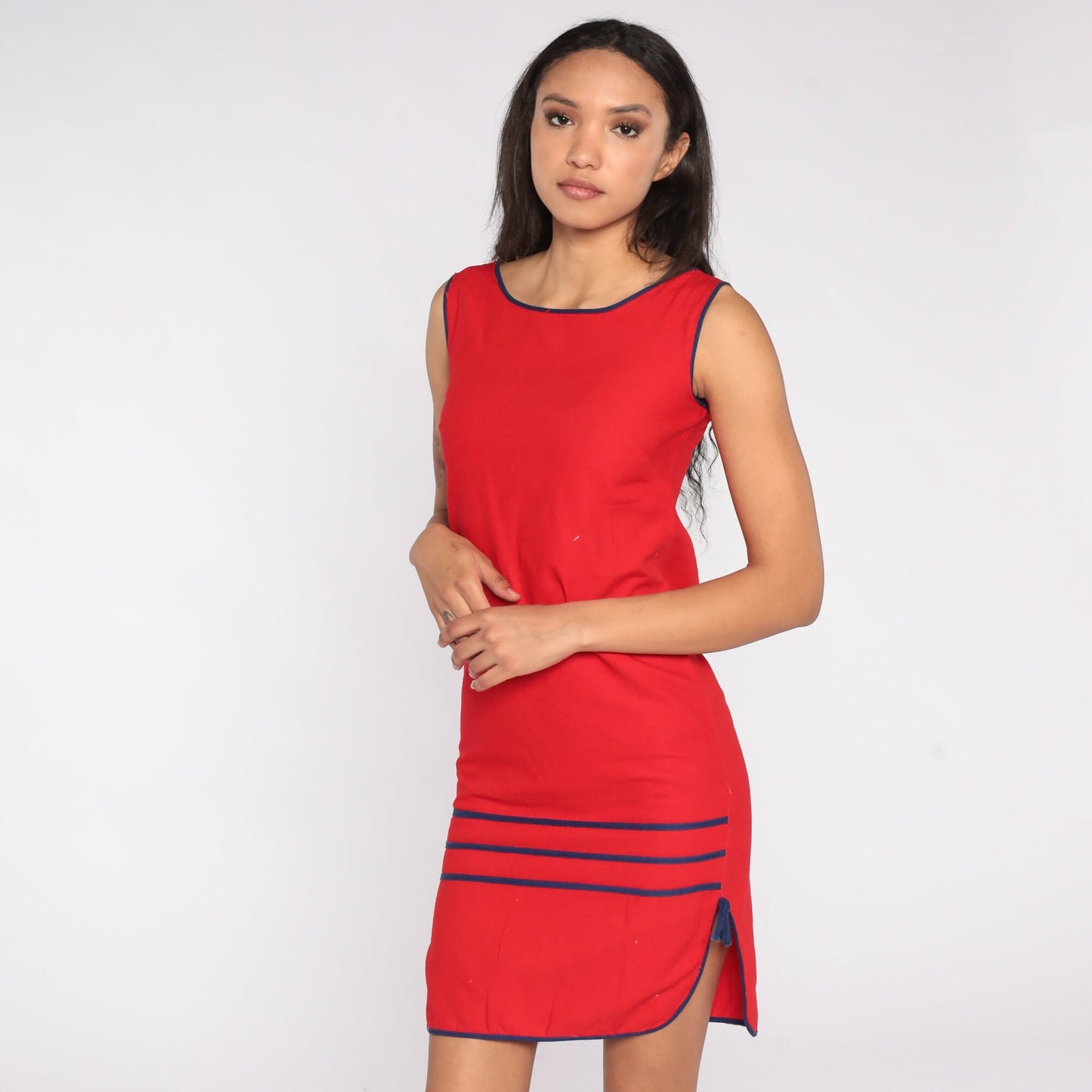 80s Red Mini Sheath Dress Striped Trim Sleeveless Extra Small