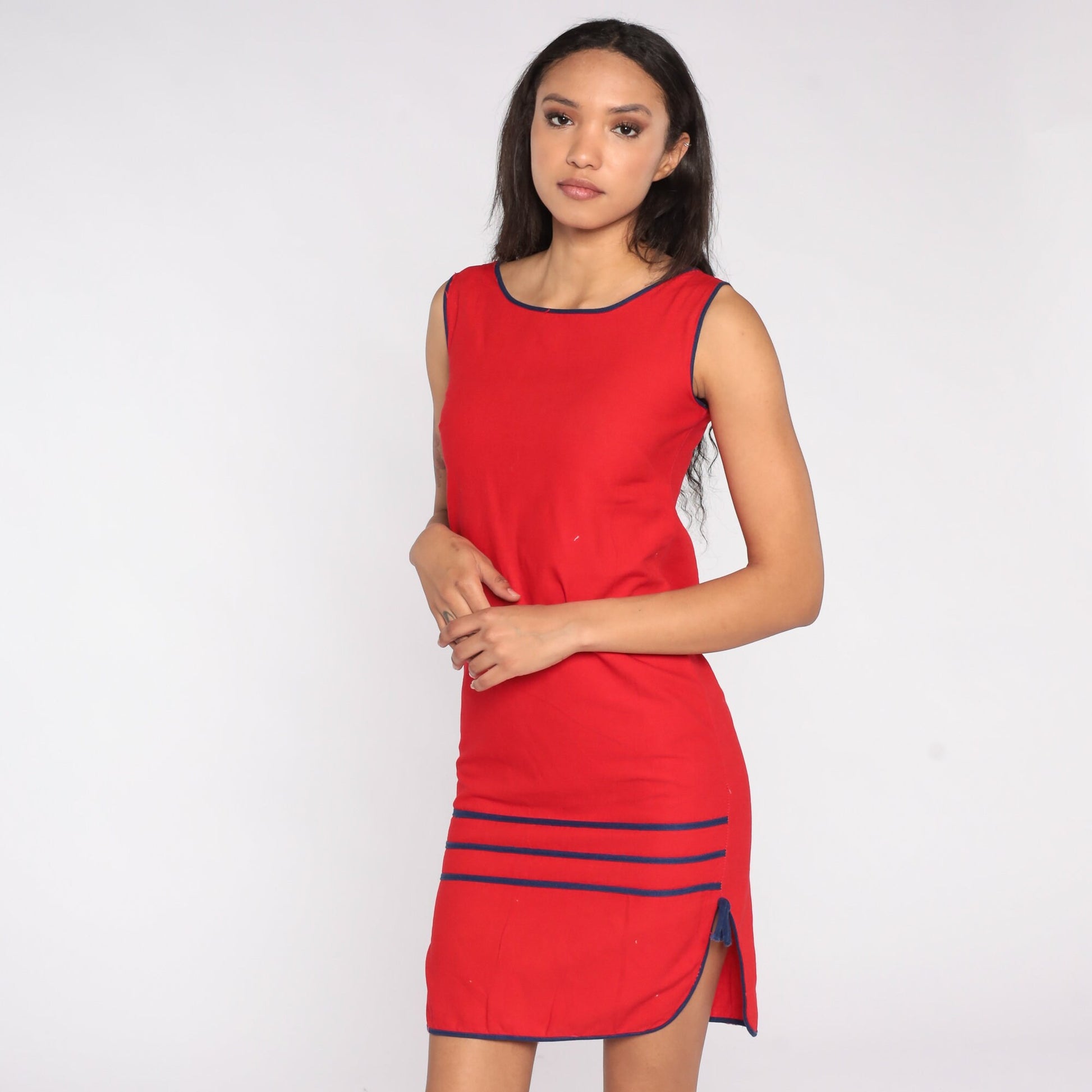 80s Red Mini Sheath Dress Striped Trim Sleeveless Extra Small