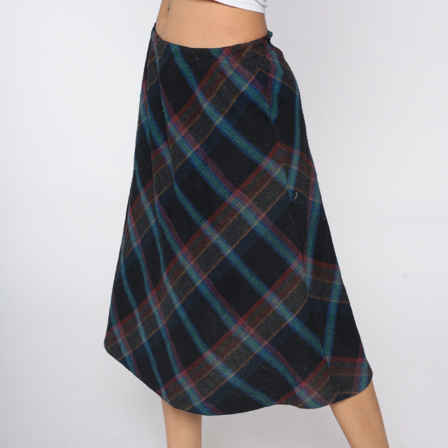70s Wool Plaid Midi Skirt High Waist Tartan Black Blue Medium Large