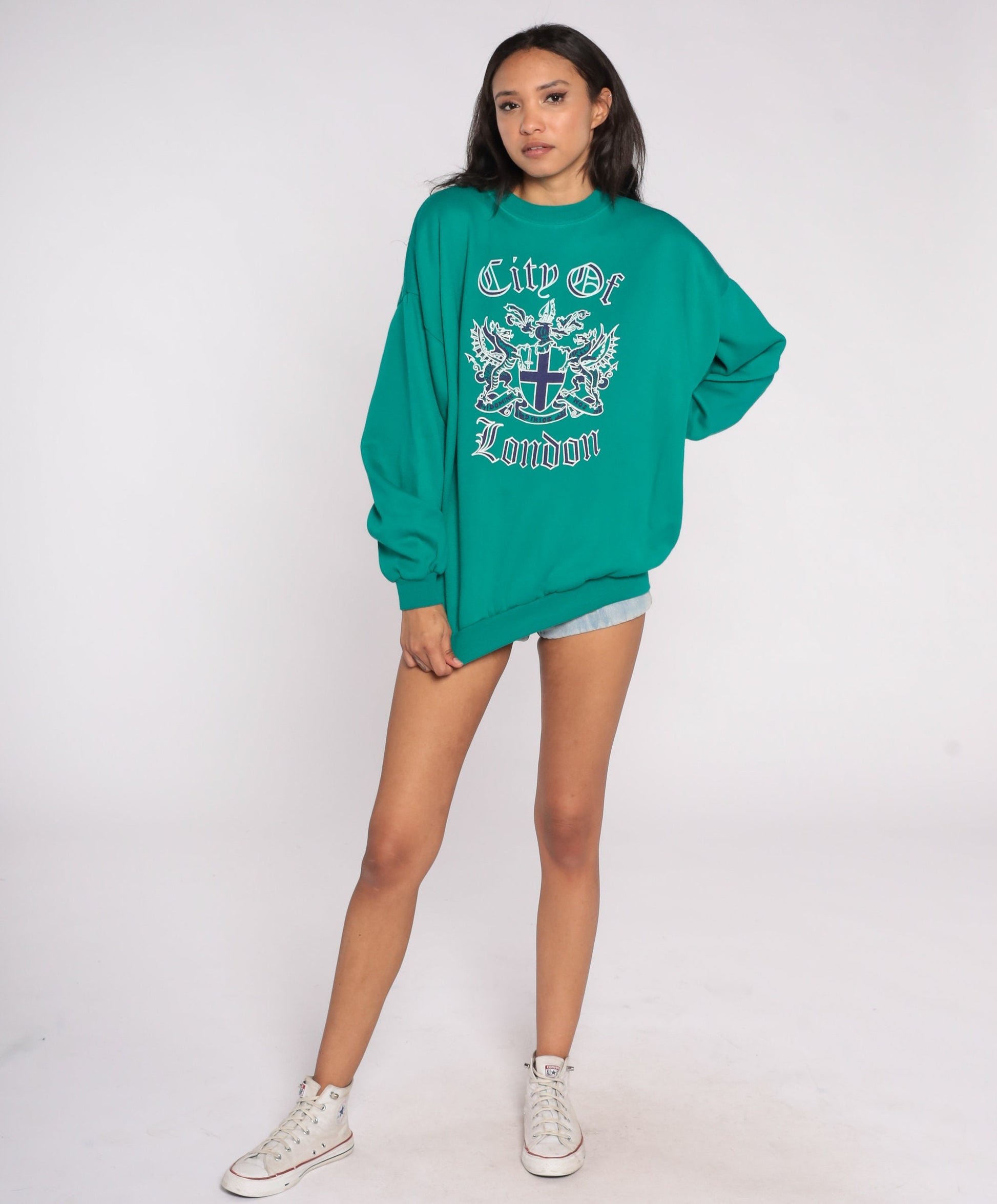 90s City of London Crest Sweatshirt Green Graphic Pullover Extra Large XL