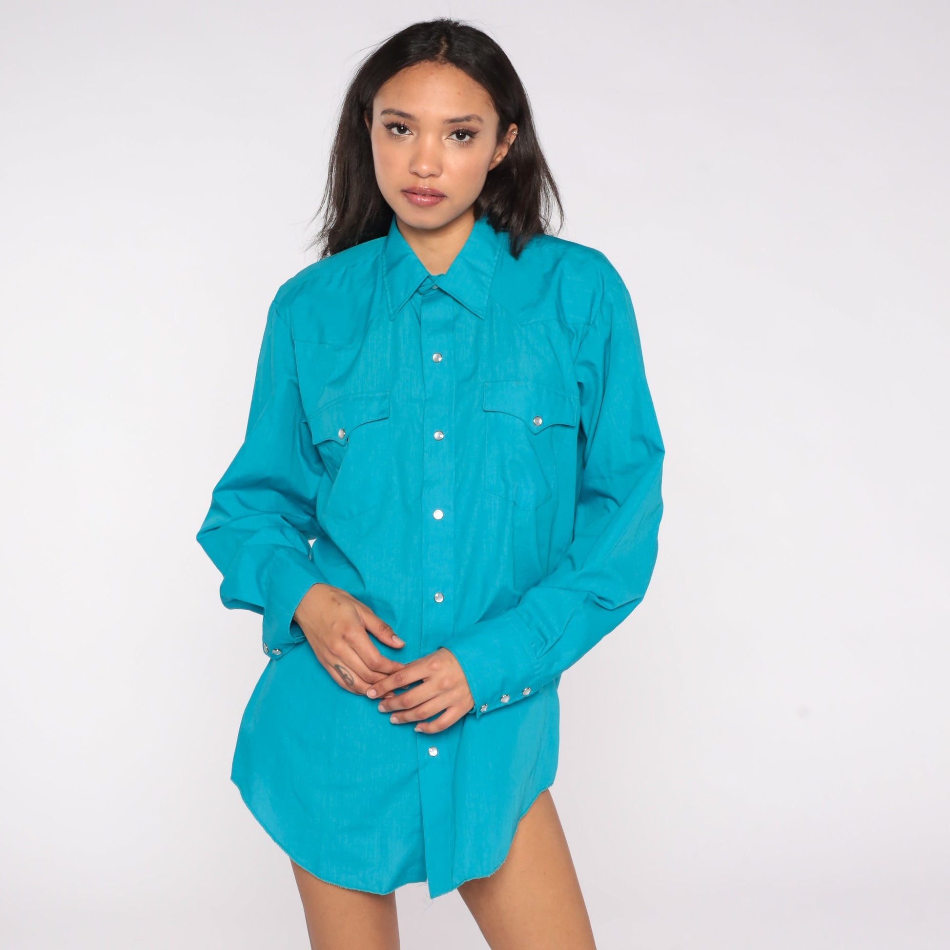 70s Turquoise Western Shirt Pearl Snap Dagger Collar Long Sleeve Men's Large
