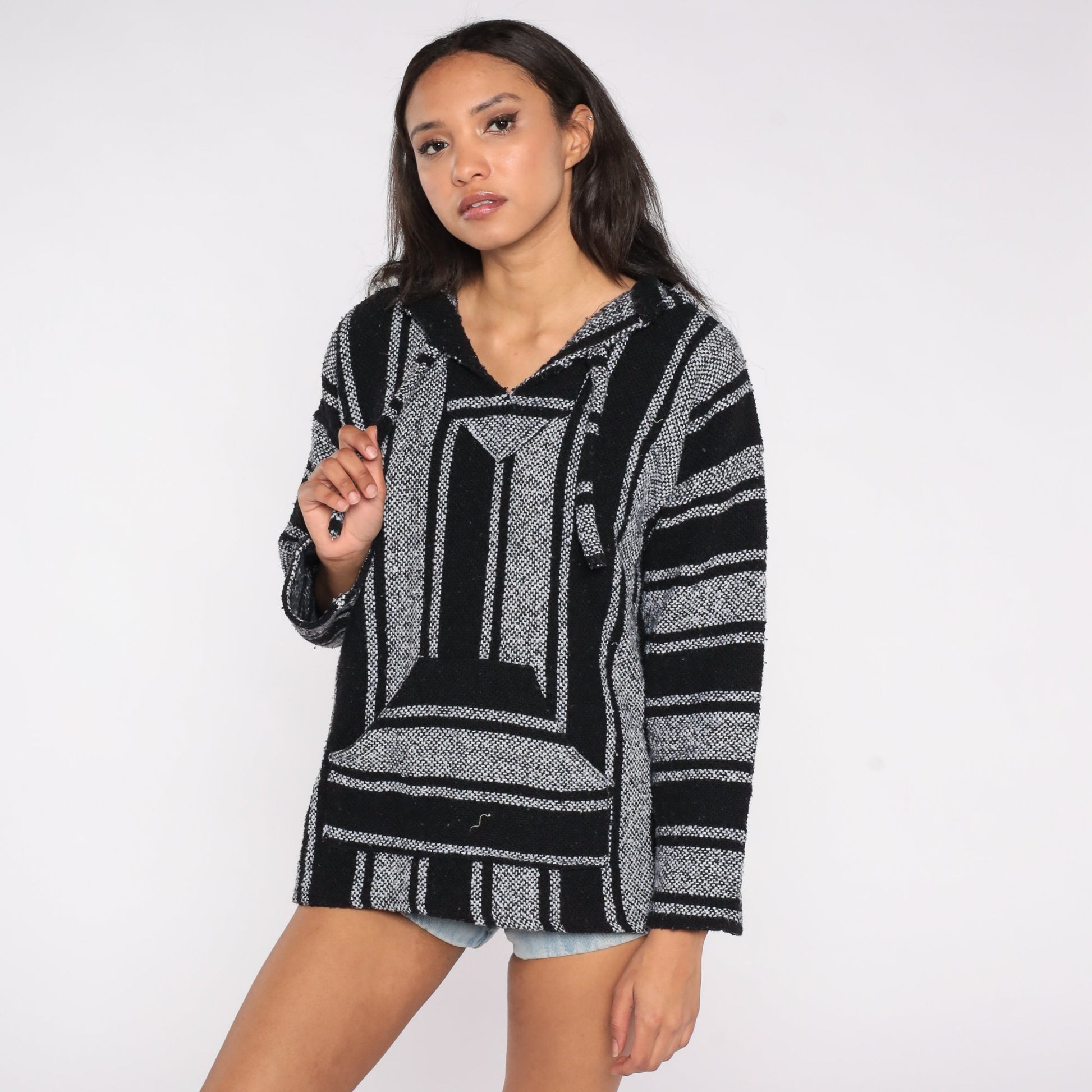 90s Mexican Baja Hoodie Black Grey Striped Kangaroo Pocket Large