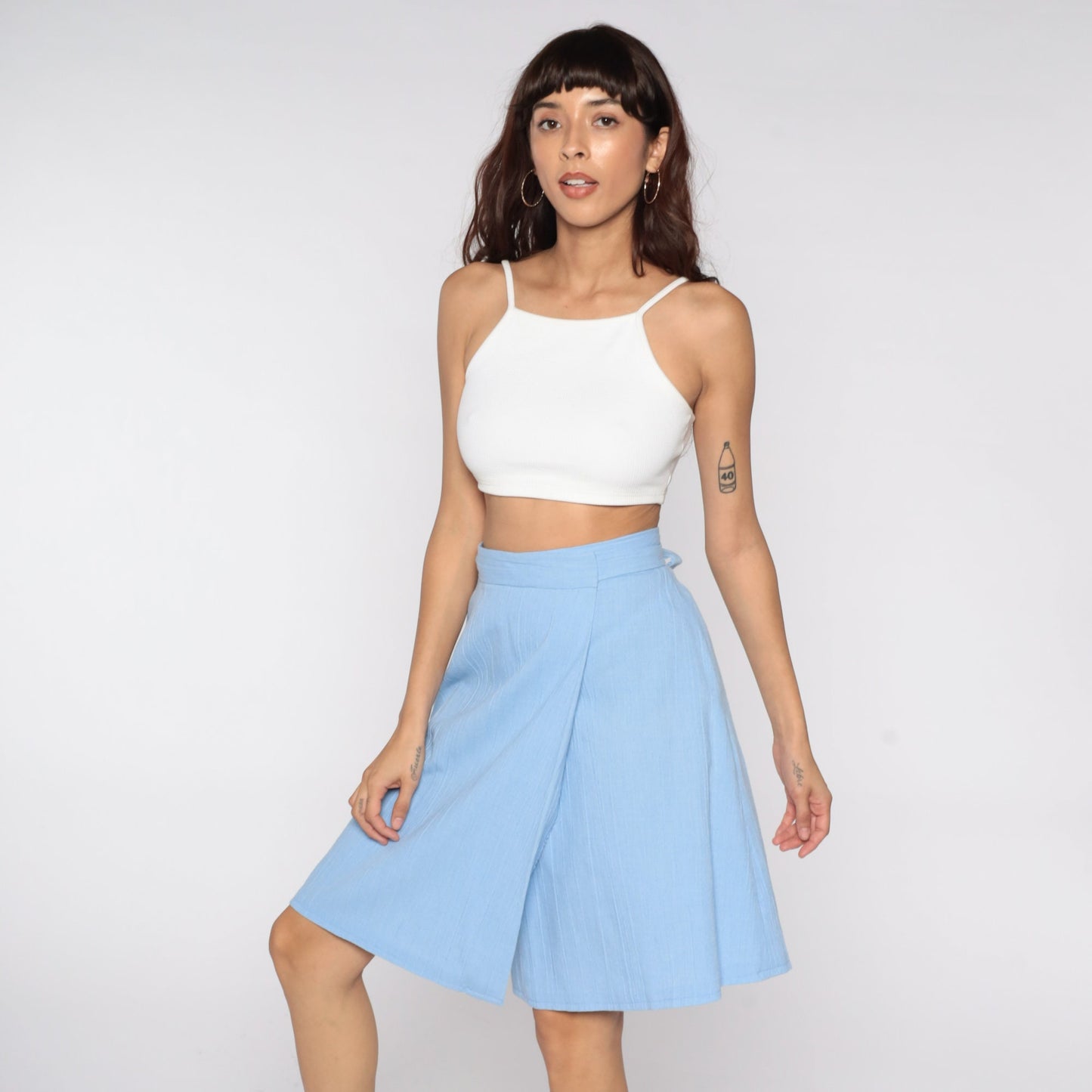 70s Powder Blue Wrap Skirt High Waisted Mini Cotton Blend Small