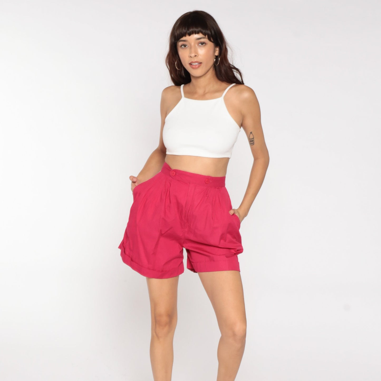 80s Deep Pink High-Waisted Pleated Cotton Shorts Small