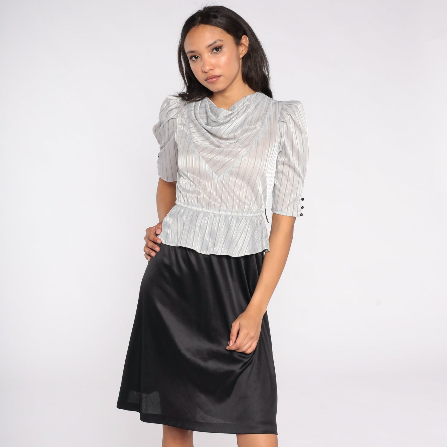 80s Peplum Dress Puff Sleeve Cowl Neck Silver Grey Midi Small