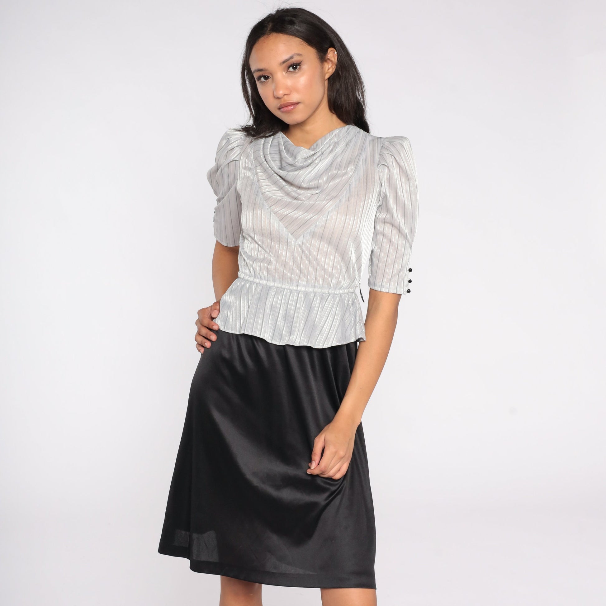 80s Peplum Dress Puff Sleeve Cowl Neck Silver Grey Midi Small