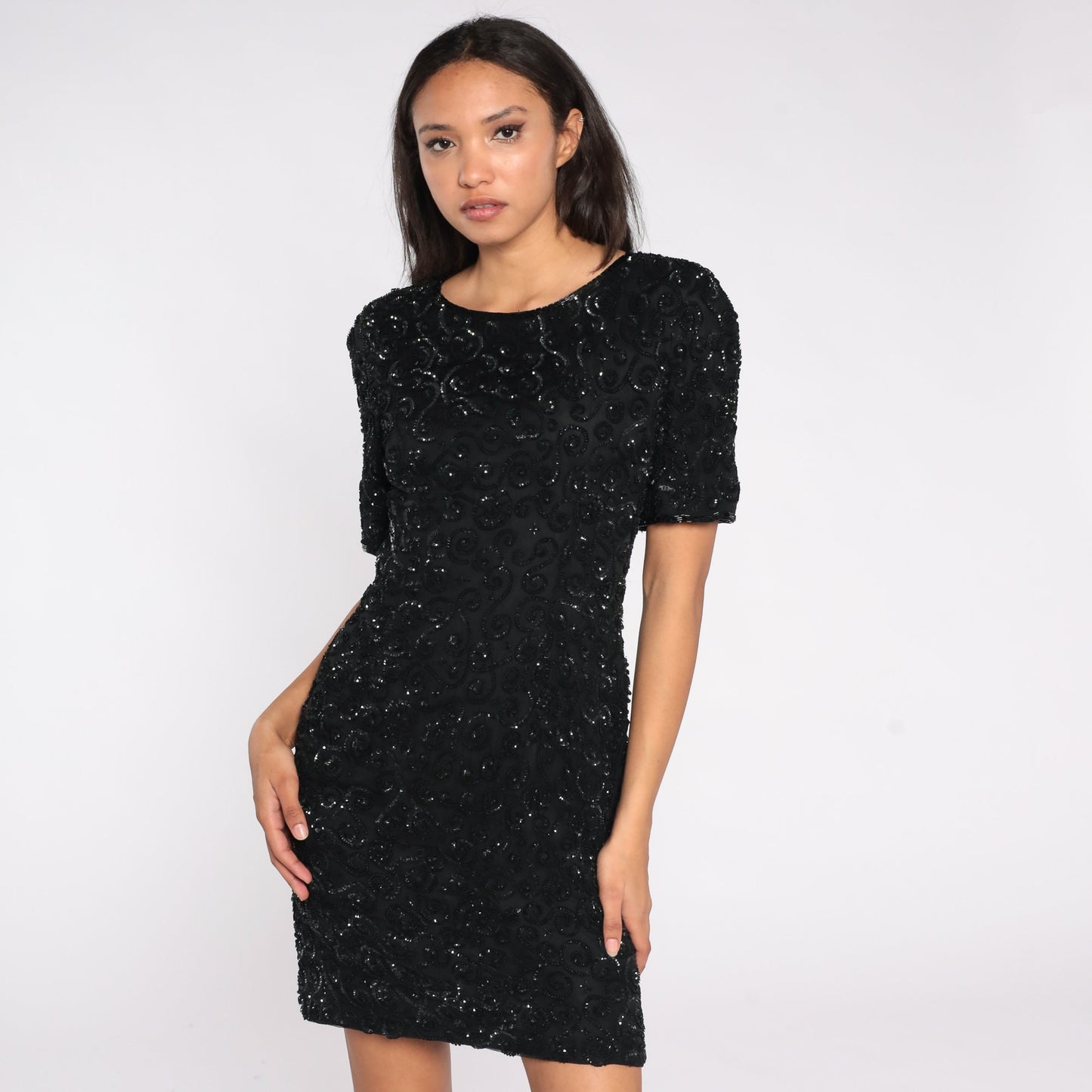 80s Black Silk Sequin Mini Dress Short Sleeve Zipper Back Small S