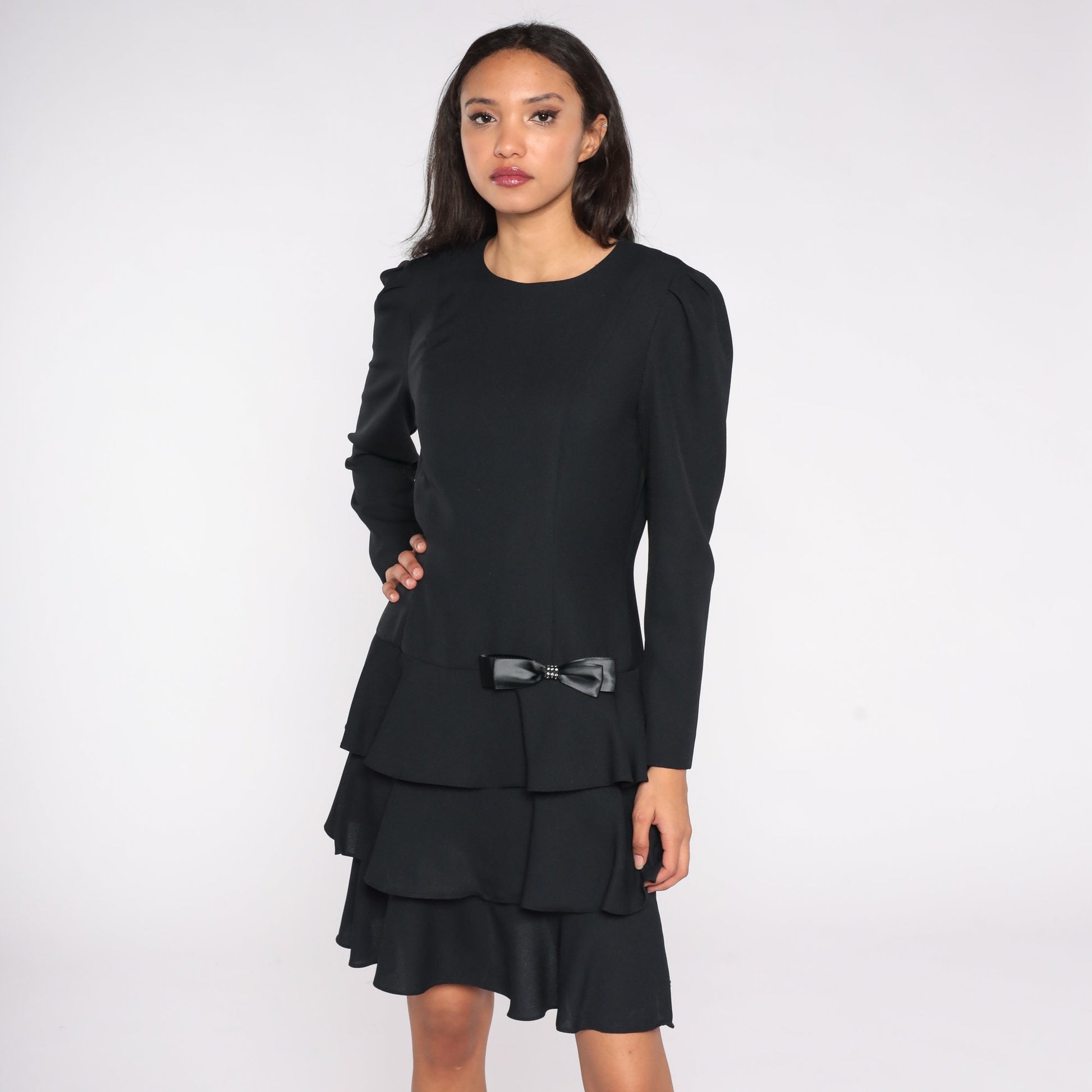 80s Black Drop Waist Dress Ruffled Skirt Puff Sleeve Bow Medium