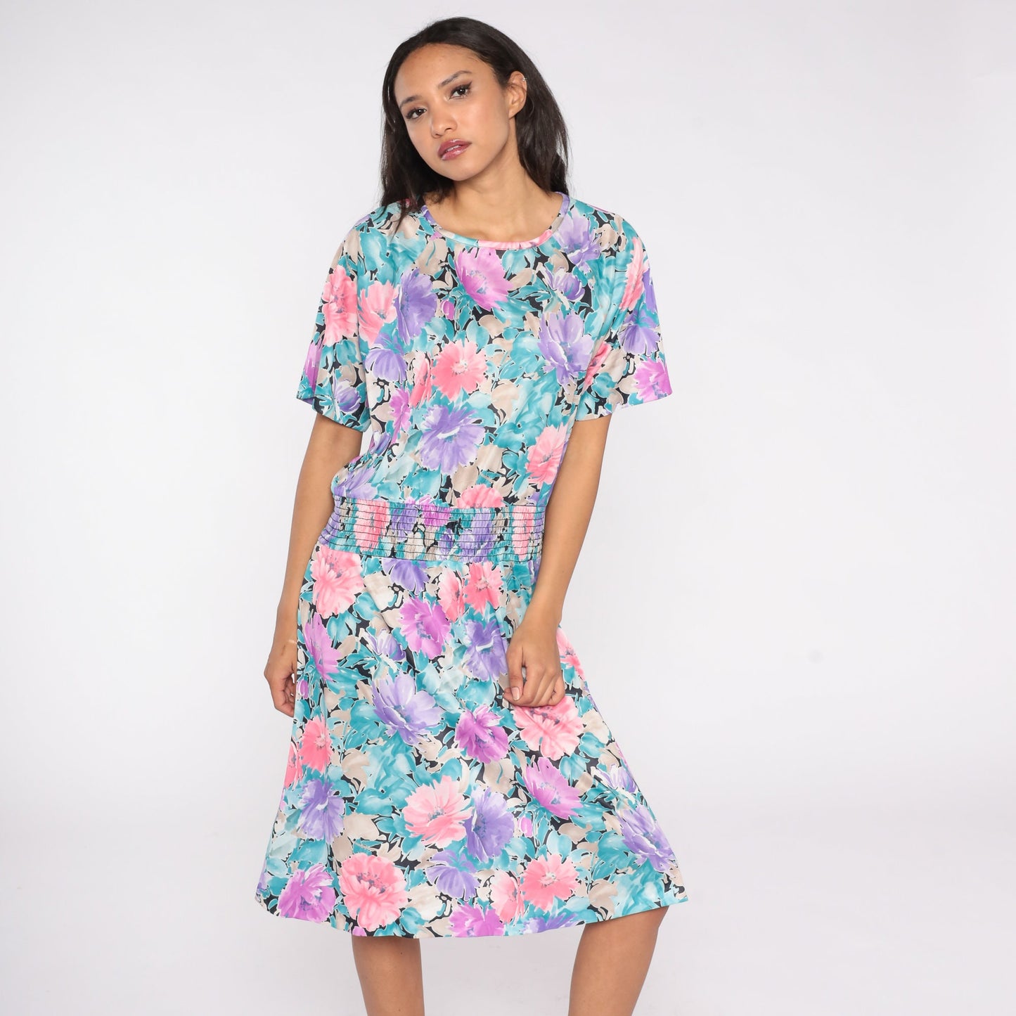 80s Floral Midi Dress Elastic Waist Short Sleeve Blouson Large L