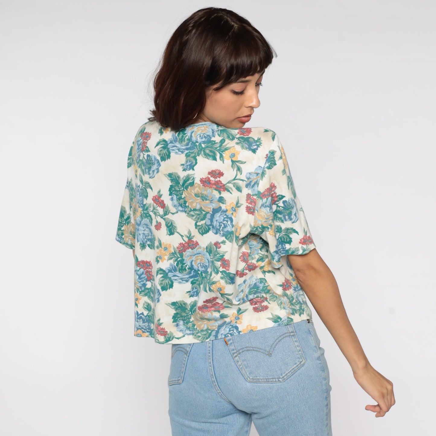 80s Floral Button-Up Blouse Short Sleeve Off-White Green Vintage Shirt Medium