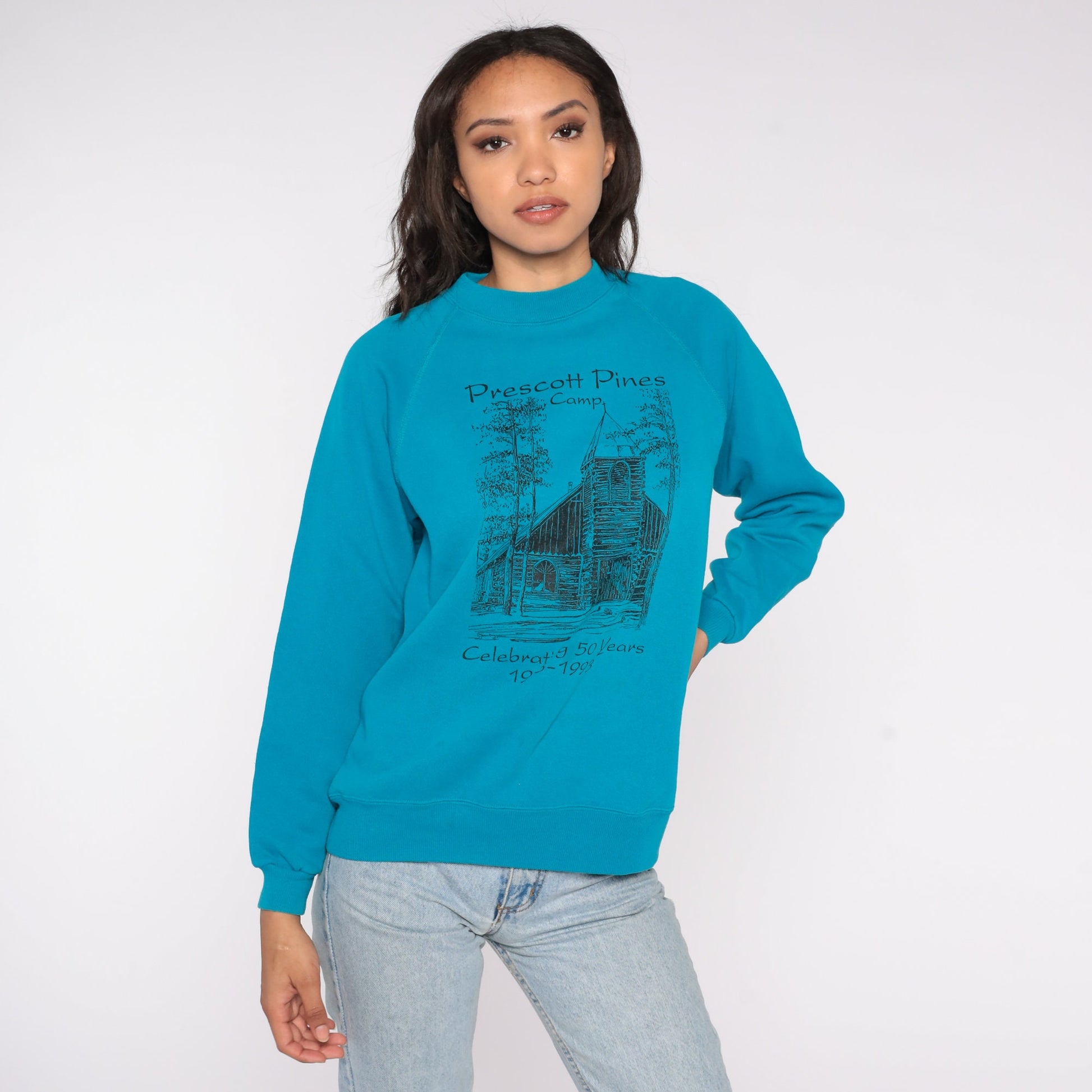 90s Prescott Pines Camp Arizona Raglan Sweatshirt Blue Graphic Crewneck Medium