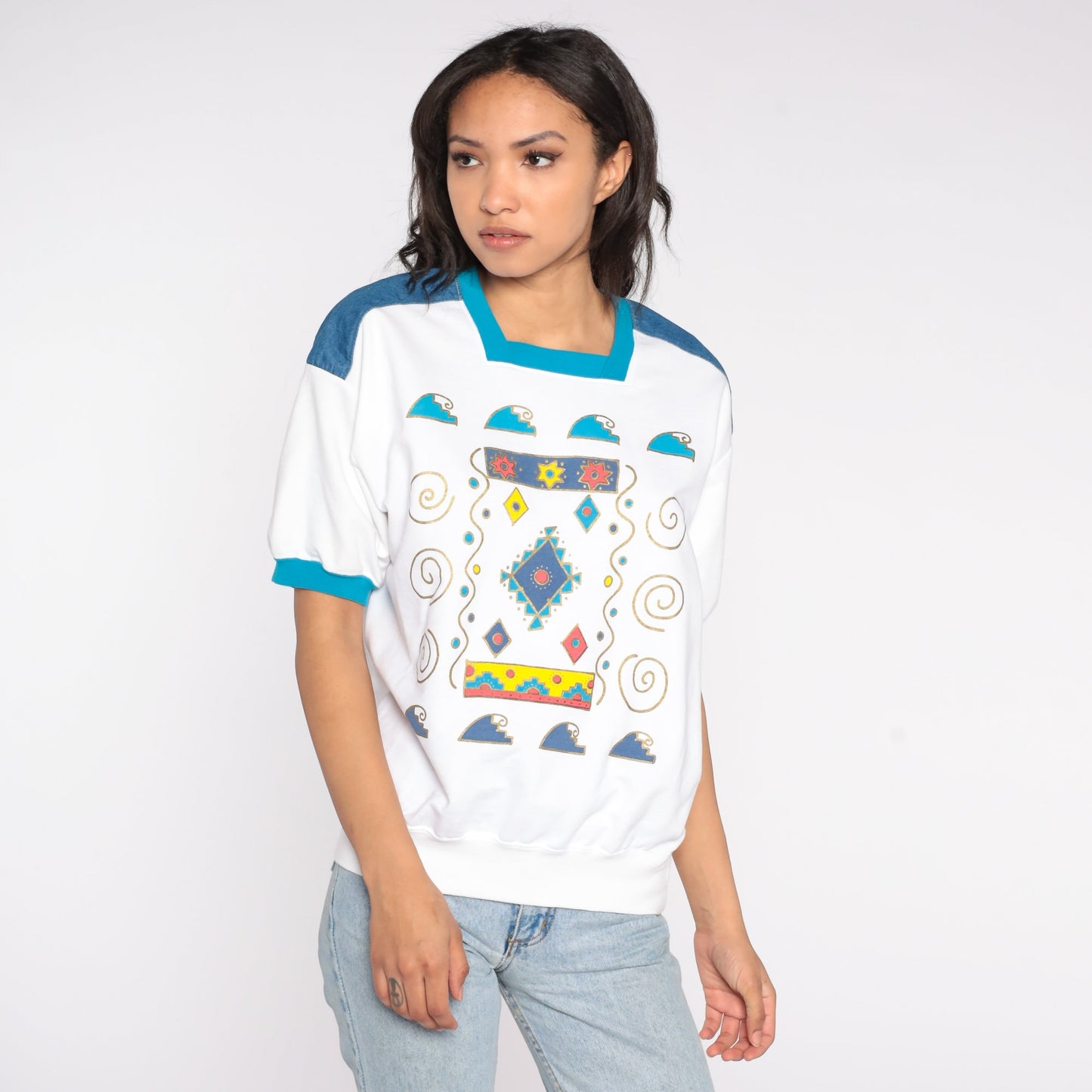 80s Southwestern Geometric Wave Ringer Tee Denim Shoulder Medium