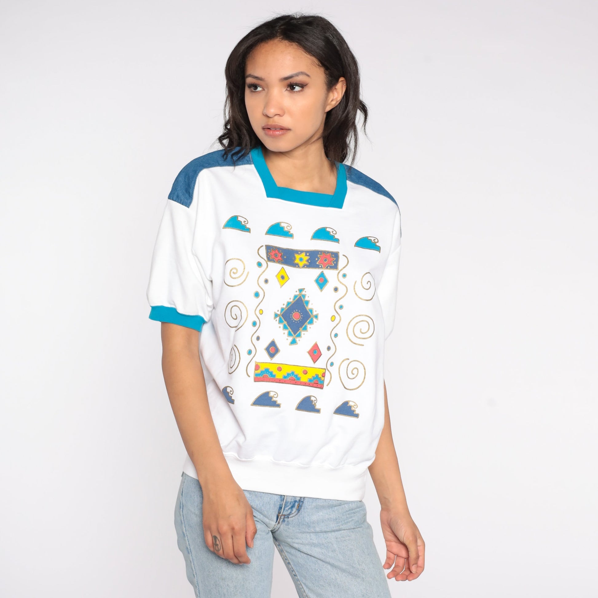 80s Southwestern Geometric Wave Ringer Tee Denim Shoulder Medium