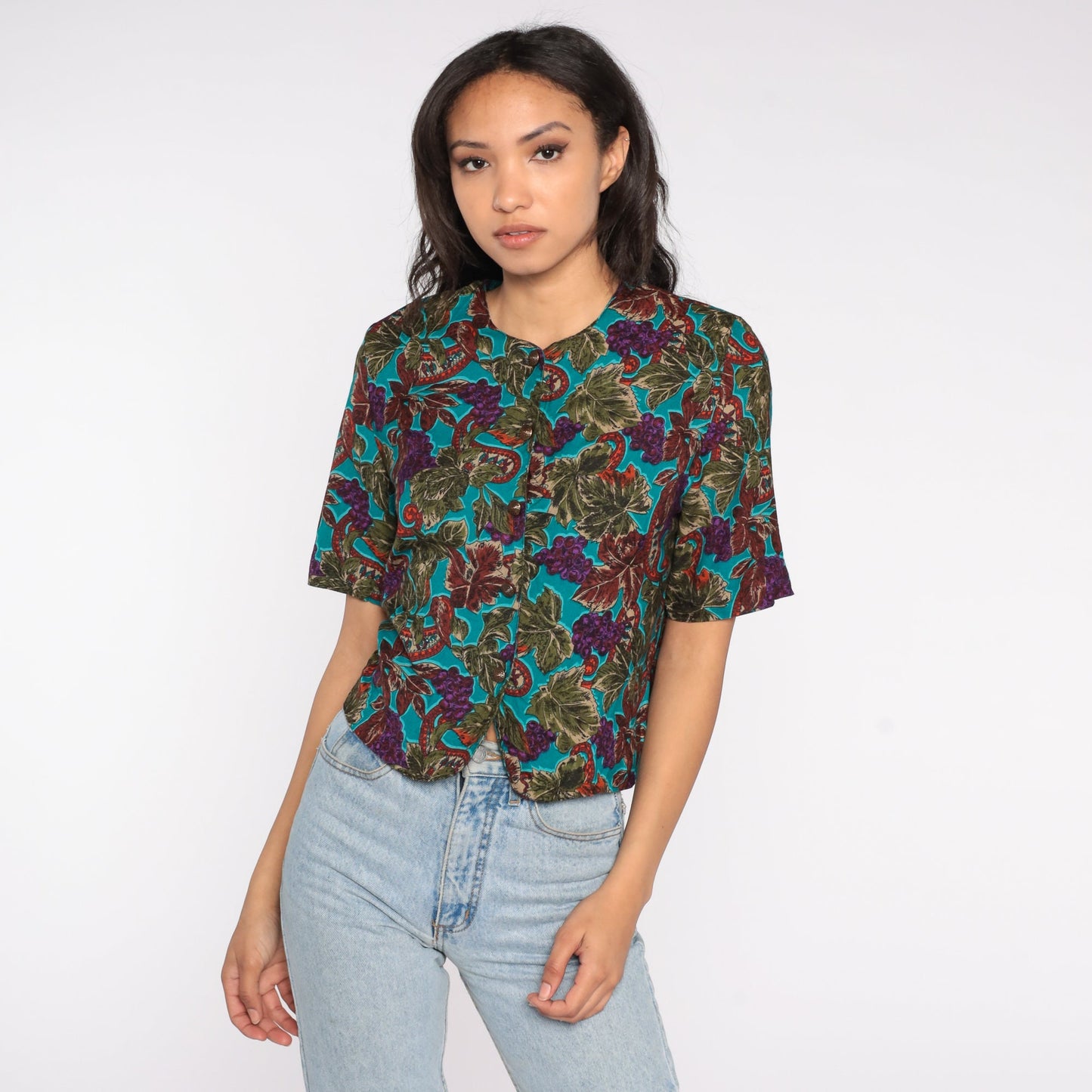 90s Paisley Grape Vine Button-Up Blouse Short Sleeve Purple Small