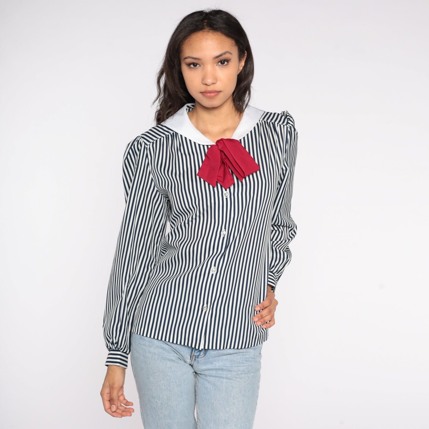 80s Striped Sailor Collar Blouse Ascot Bow Puff Sleeve Button Up Medium