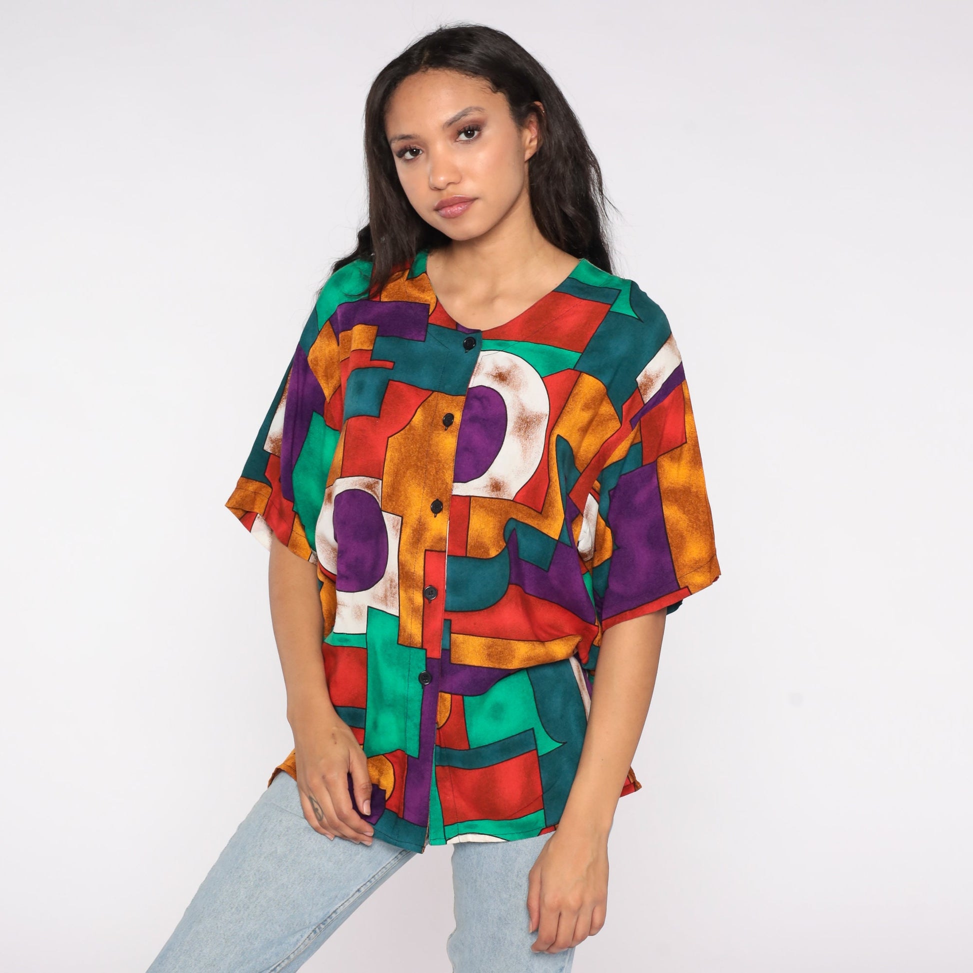 90s Geometric Print Button-Up Blouse Short Sleeve Shirt Medium M