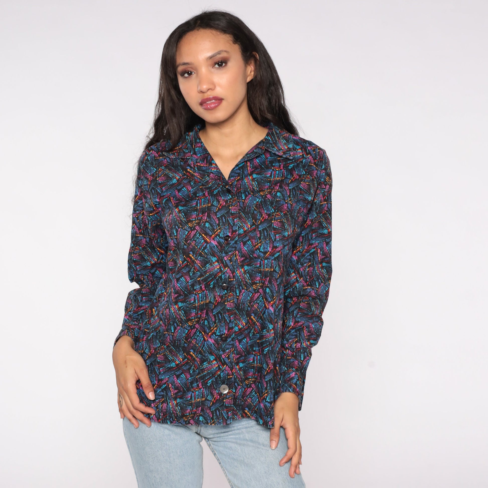 90s Abstract Brushstroke Button-Up Blouse Blue Pink Long Sleeve Medium Large
