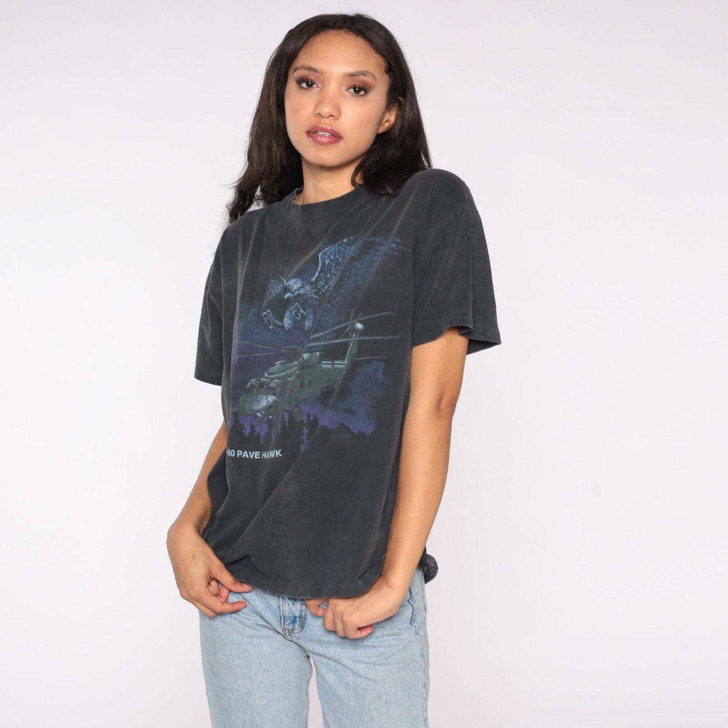 90s MH-60 Pave Hawk Helicopter Air Force Graphic Tee Black Cotton Large L