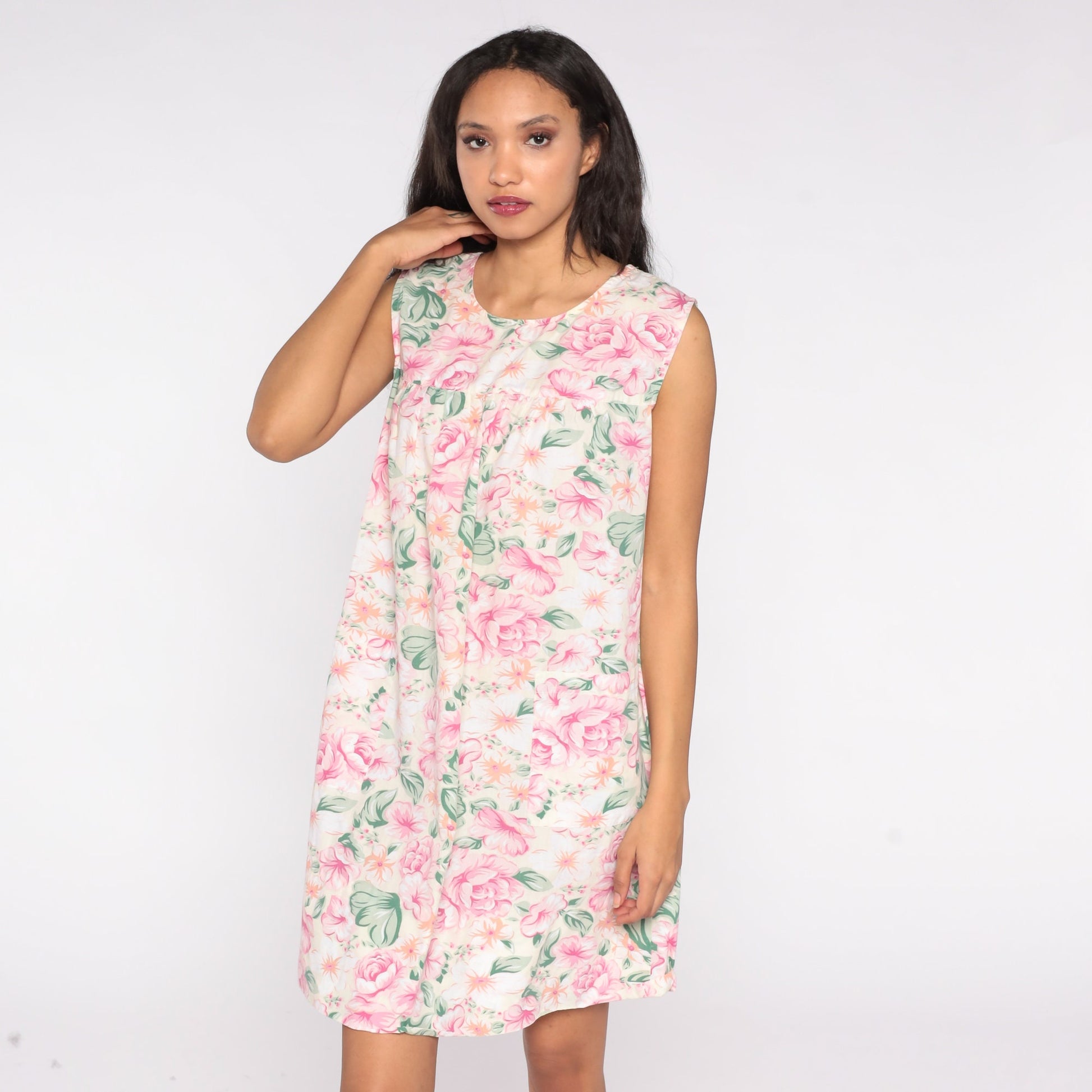 80s Floral Mini Dress Pink Green Cream Shift Sleeveless Medium