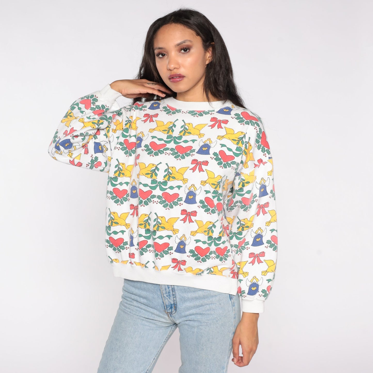 90s Christmas Angel Dove Heart Print Sweatshirt Graphic Pullover Large L