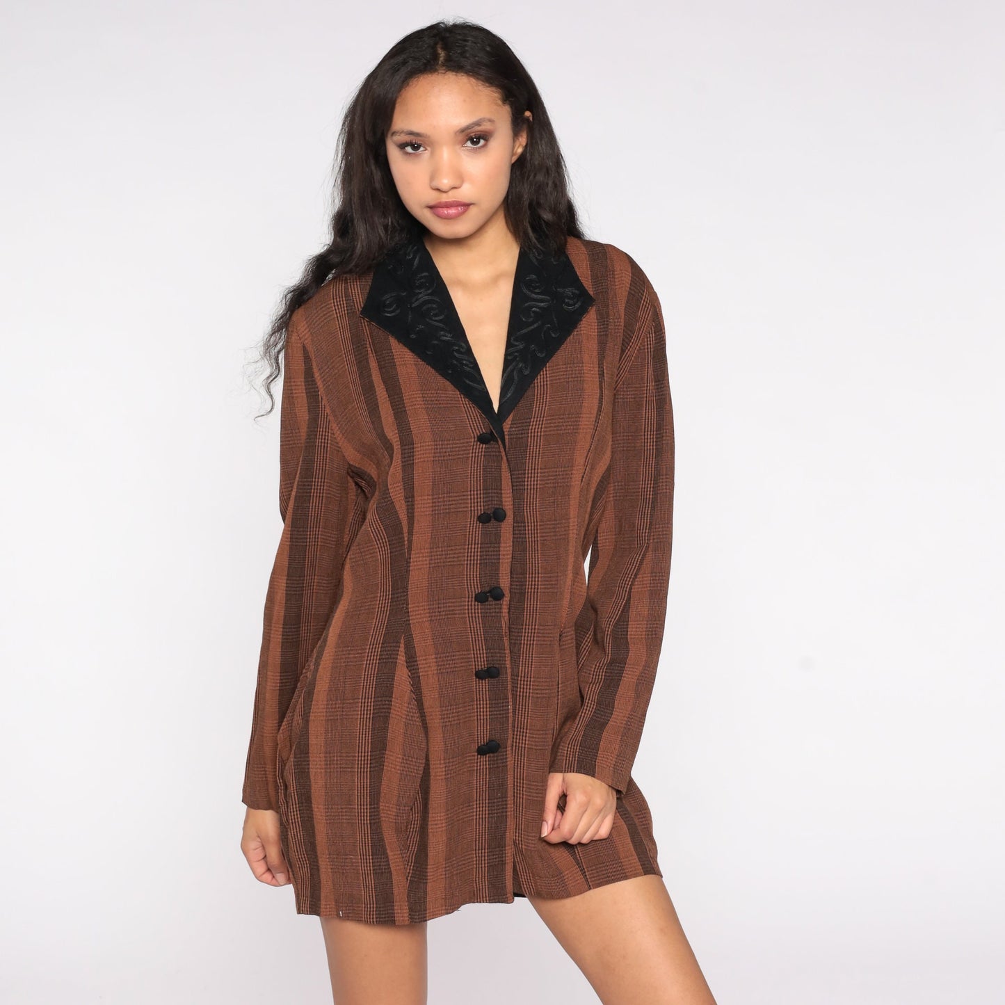 80s Brown Striped Blazer Black Soutache Collar Double-Breasted Jacket Medium Large