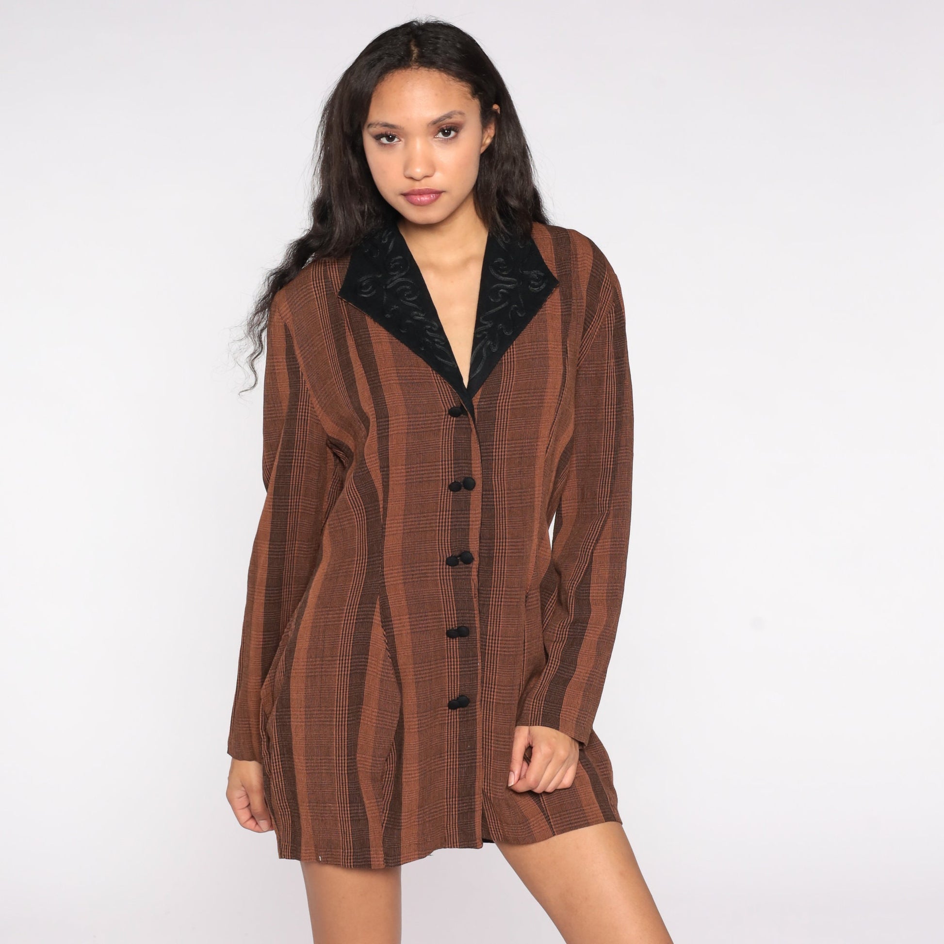 80s Brown Striped Blazer Black Soutache Collar Double-Breasted Jacket Medium Large