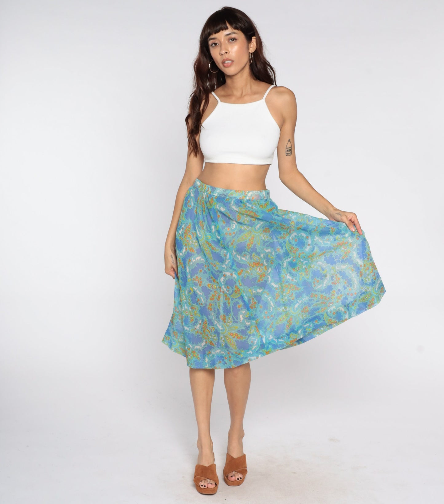70s Psychedelic Floral Animal Print Midi Skirt Blue Extra Large XXL