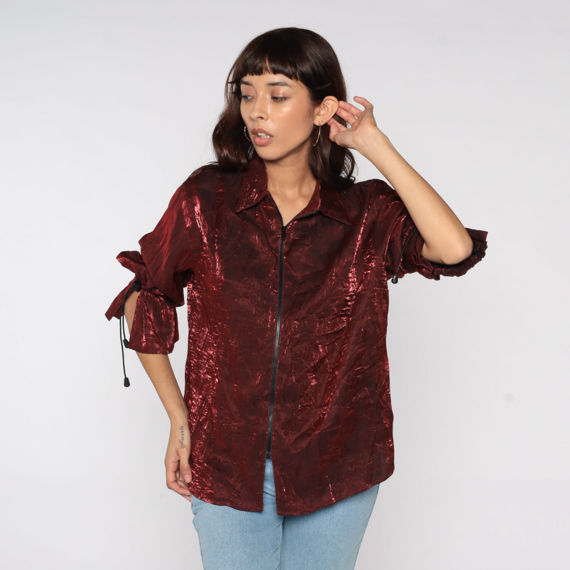 90s Shiny Red Iridescent Zip-Up Jacket Drawstring Sleeves Medium