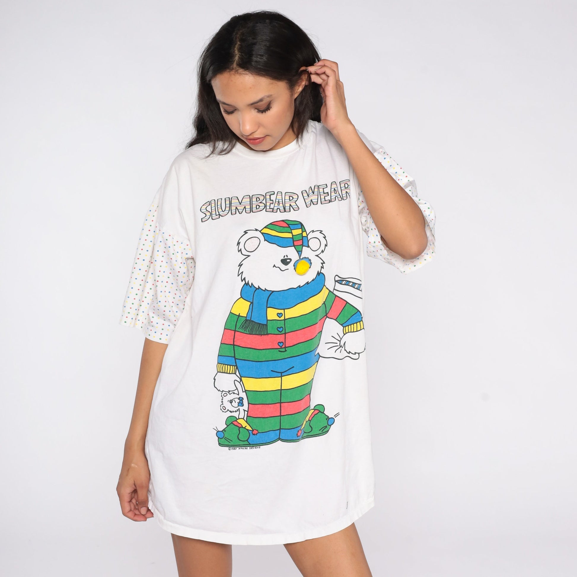80s Slumbear Wear Teddy Bear Pajama Dress Nightgown Cotton Graphic Small