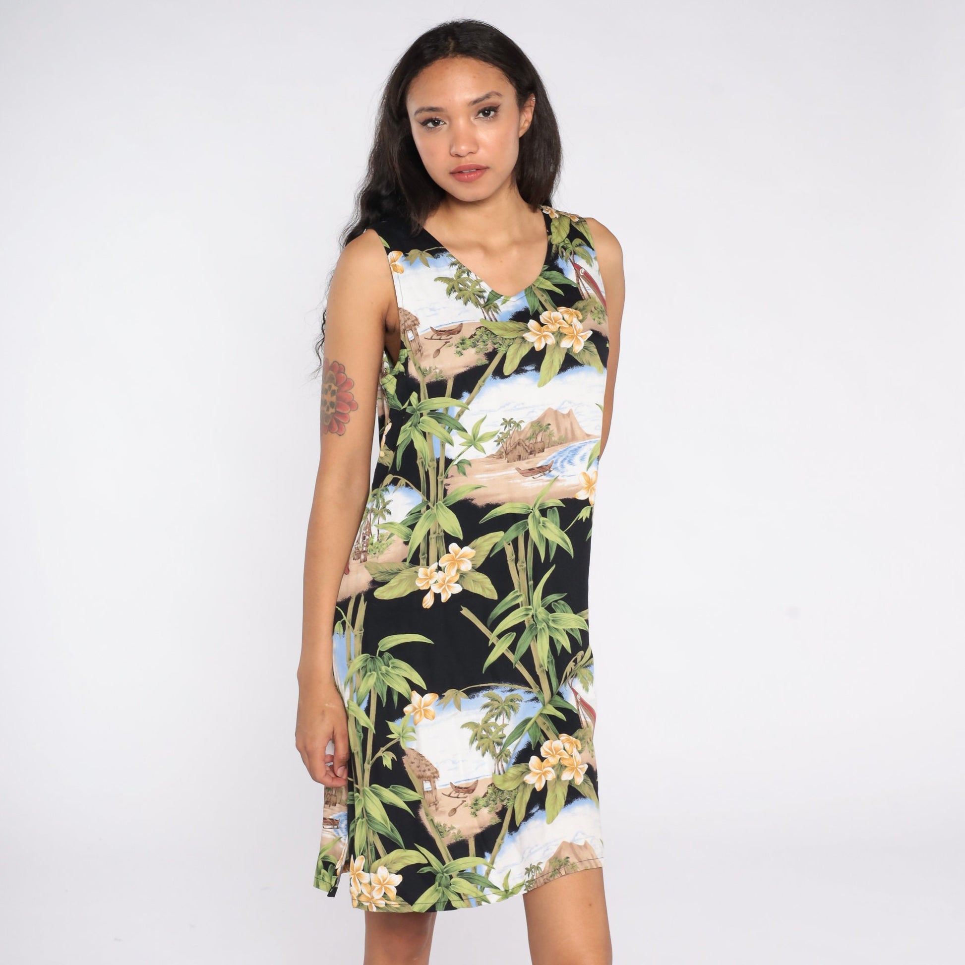 Y2K Black Hawaiian Print Mini Dress Sleeveless Shift Sundress Medium