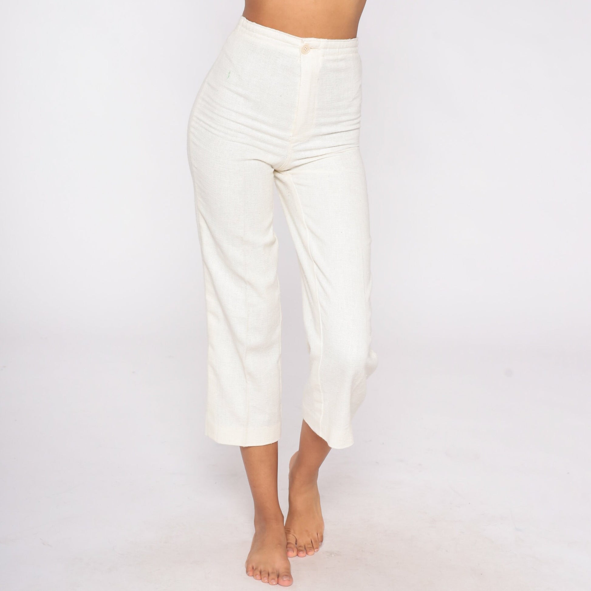 70s High-Waisted Straight Leg Linen Trousers Off-White Cropped Petite XXS