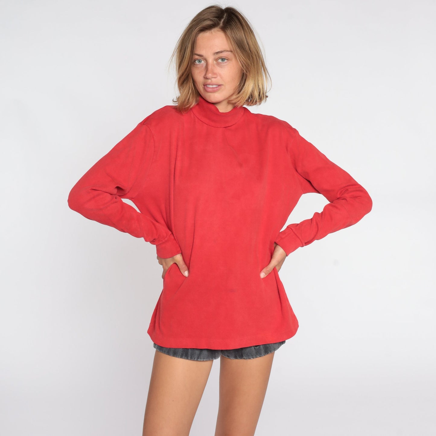 80s Red Turtleneck Cotton Long Sleeve Shirt Extra Large XL