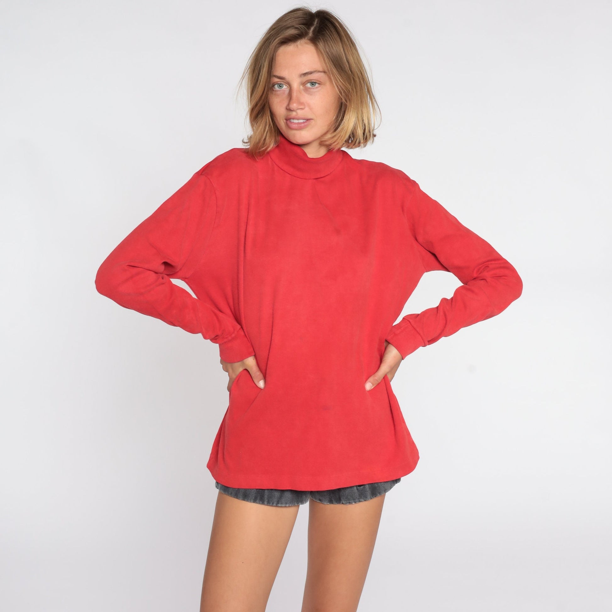 80s Red Turtleneck Cotton Long Sleeve Shirt Extra Large XL