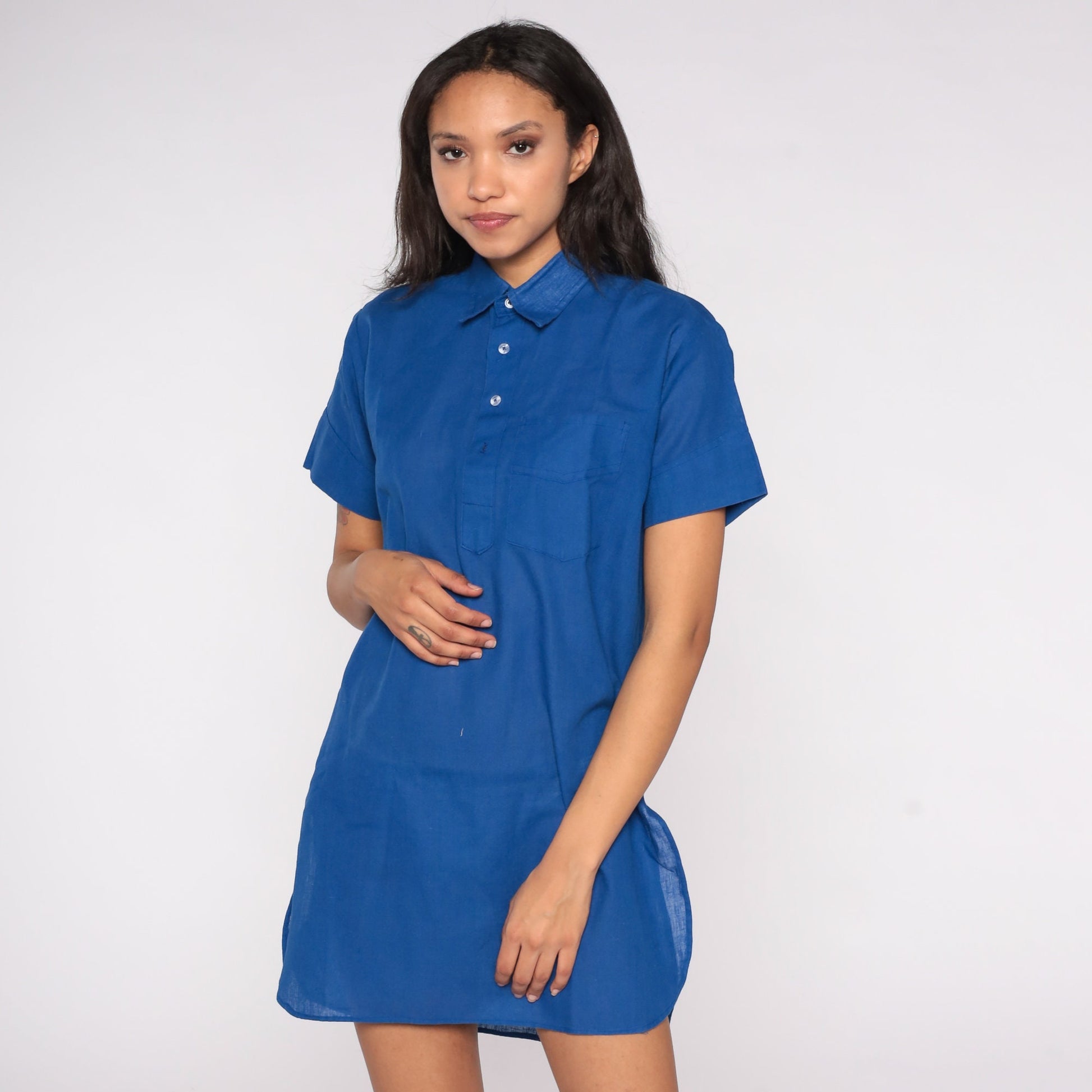 80s Blue Polo Shirt Dress Collared Button-Up Mini Side Slits Medium
