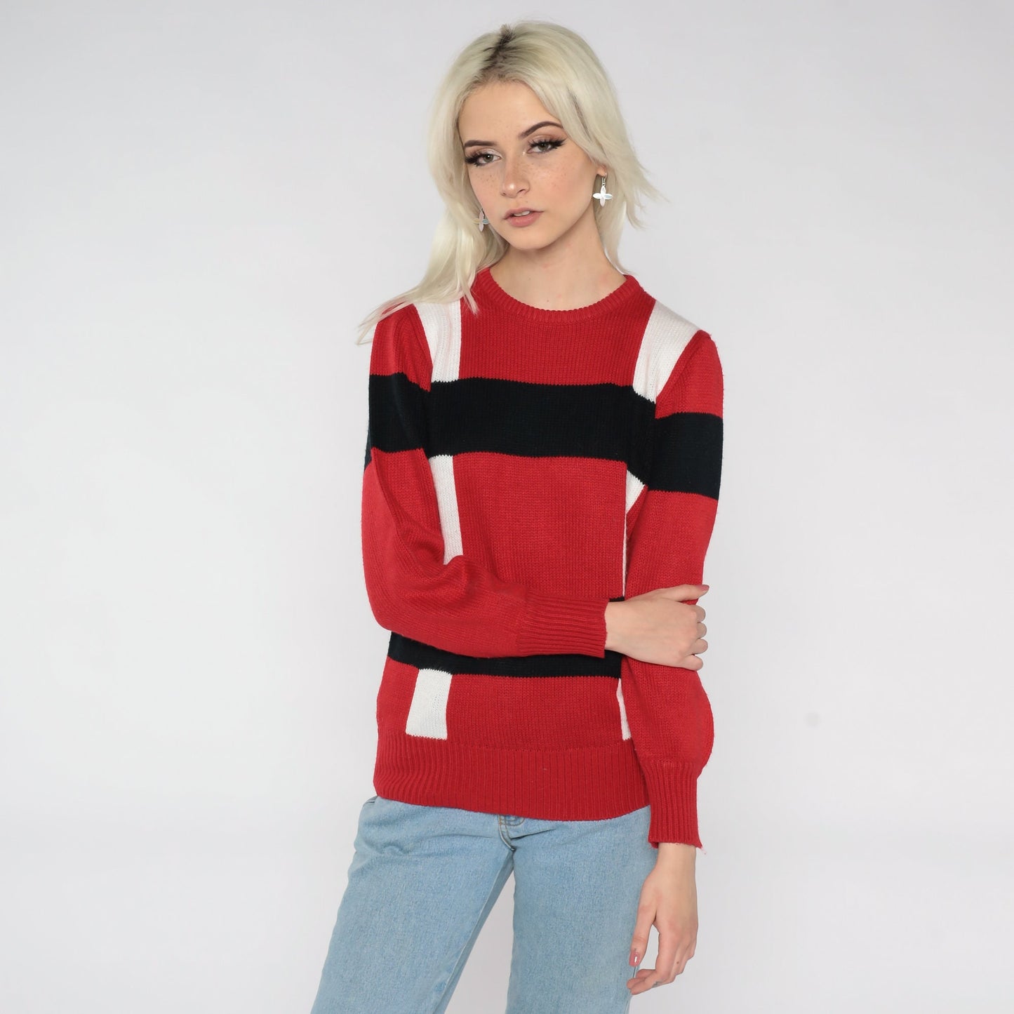 80s Red White Black Striped Knit Sweater Crewneck Pullover Small S