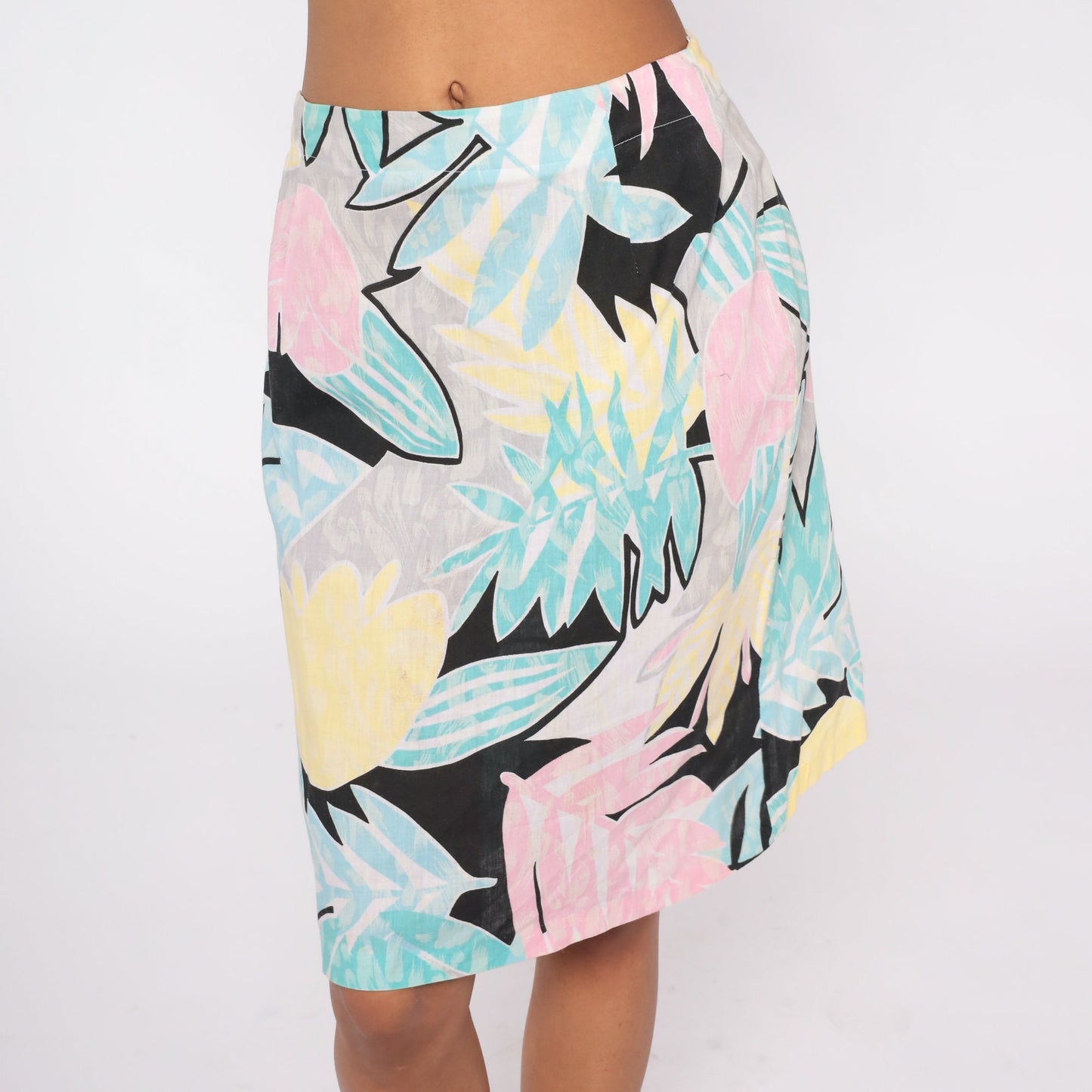80s Tropical Leaf Midi Skirt Pastel Palm Print High Waist Medium