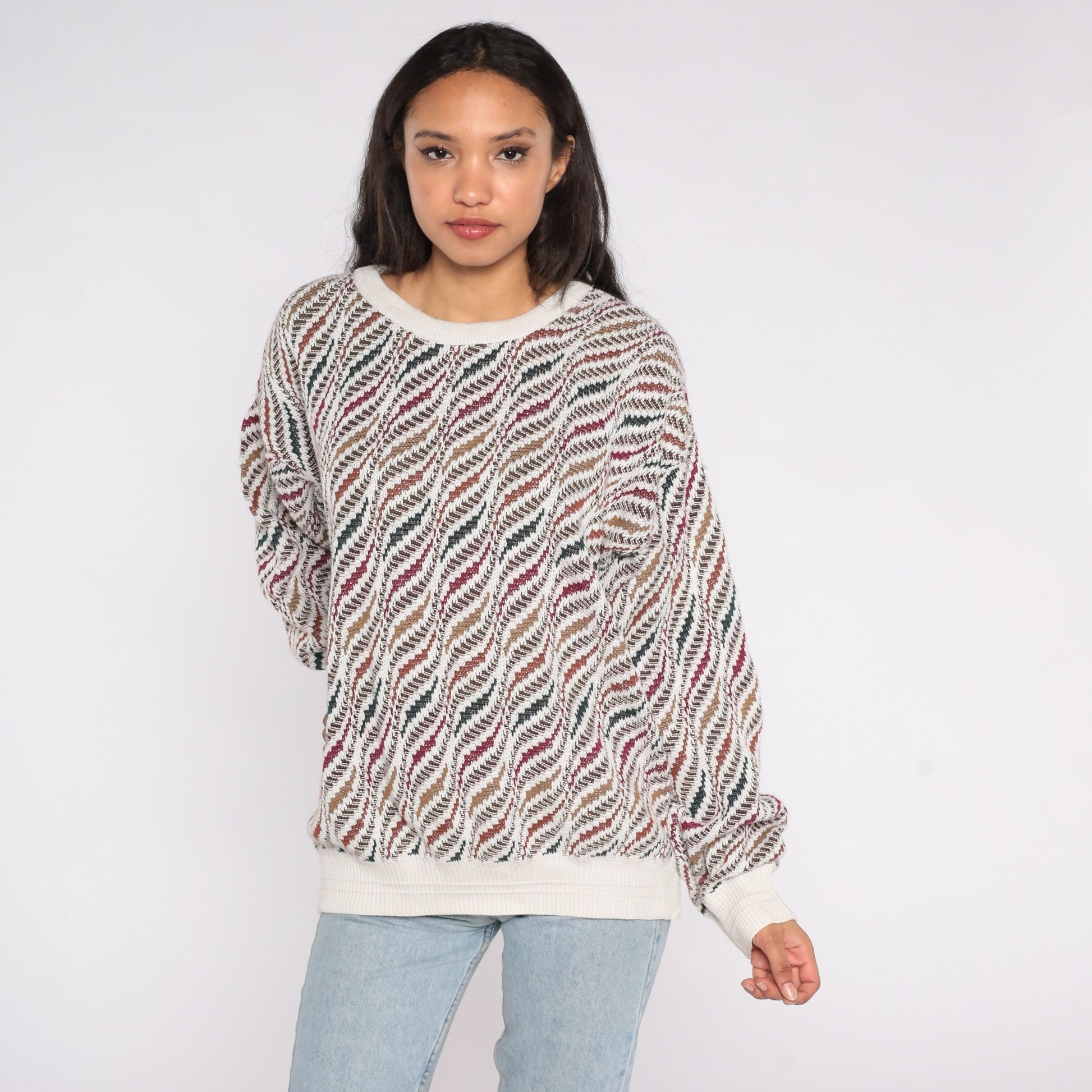 Geometric Print Knit Sweater White Cotton Pullover Extra Small XS