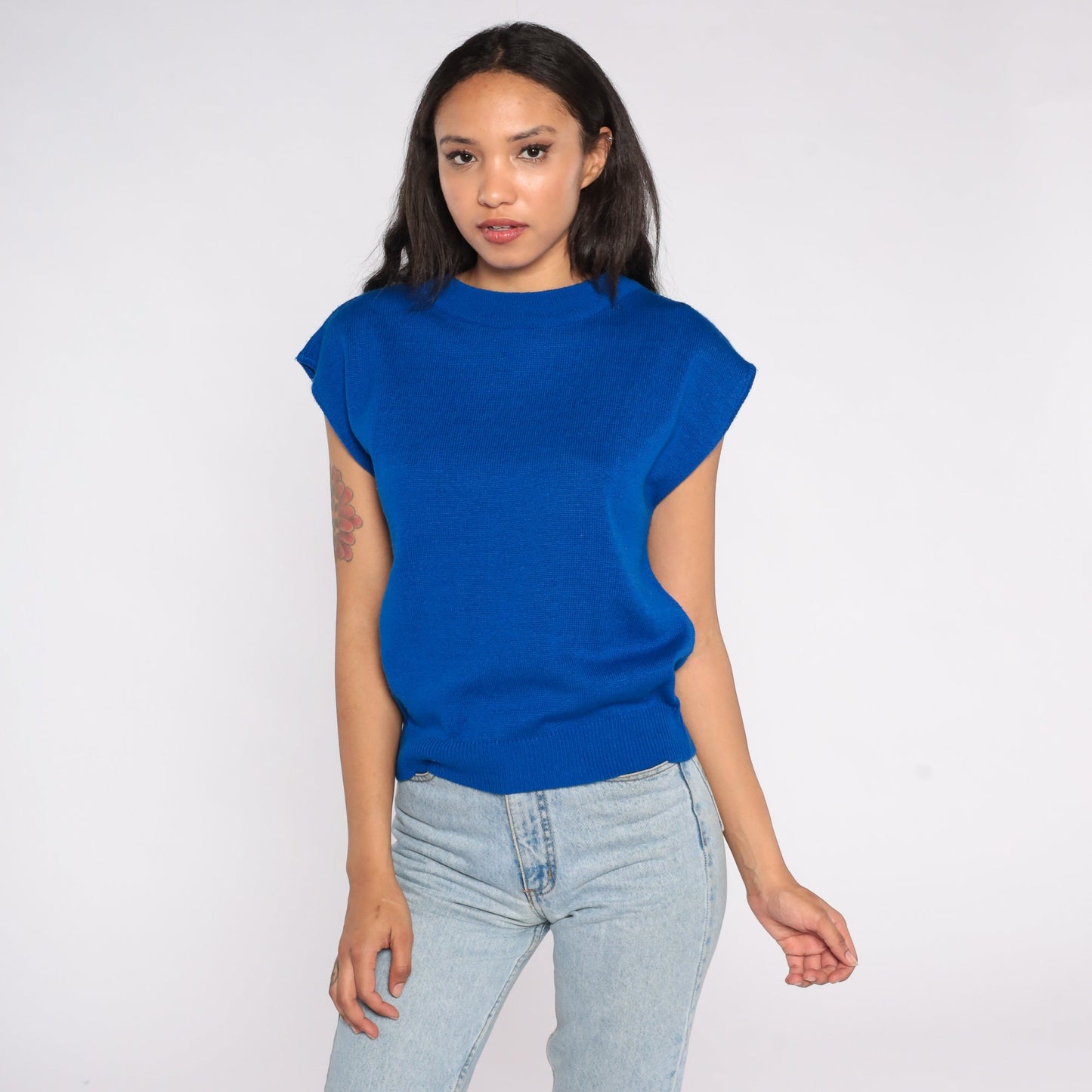 80s Royal Blue Knit Cap Sleeve Sweater Top Medium