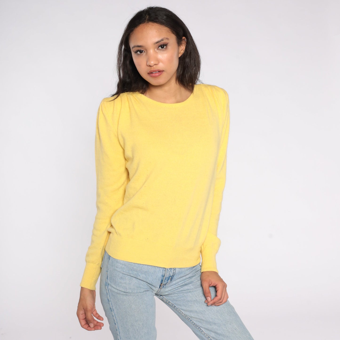 80s Benetton Yellow Cashmere Puff Sleeve Sweater Crewneck Medium