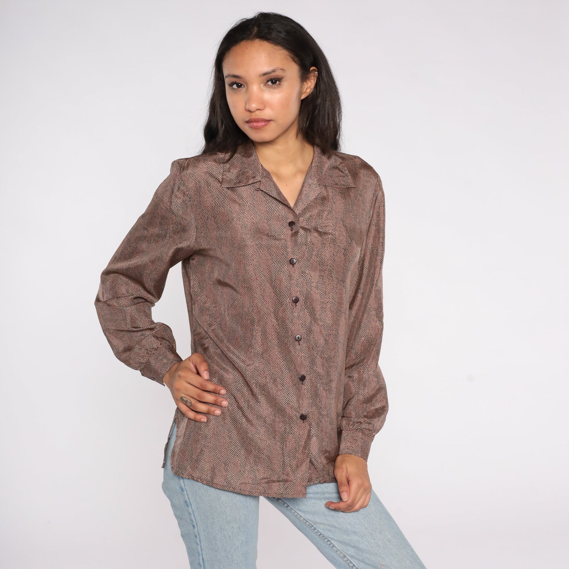 80s Brown Silk Button-Up Blouse Long Sleeve Speckled Medium