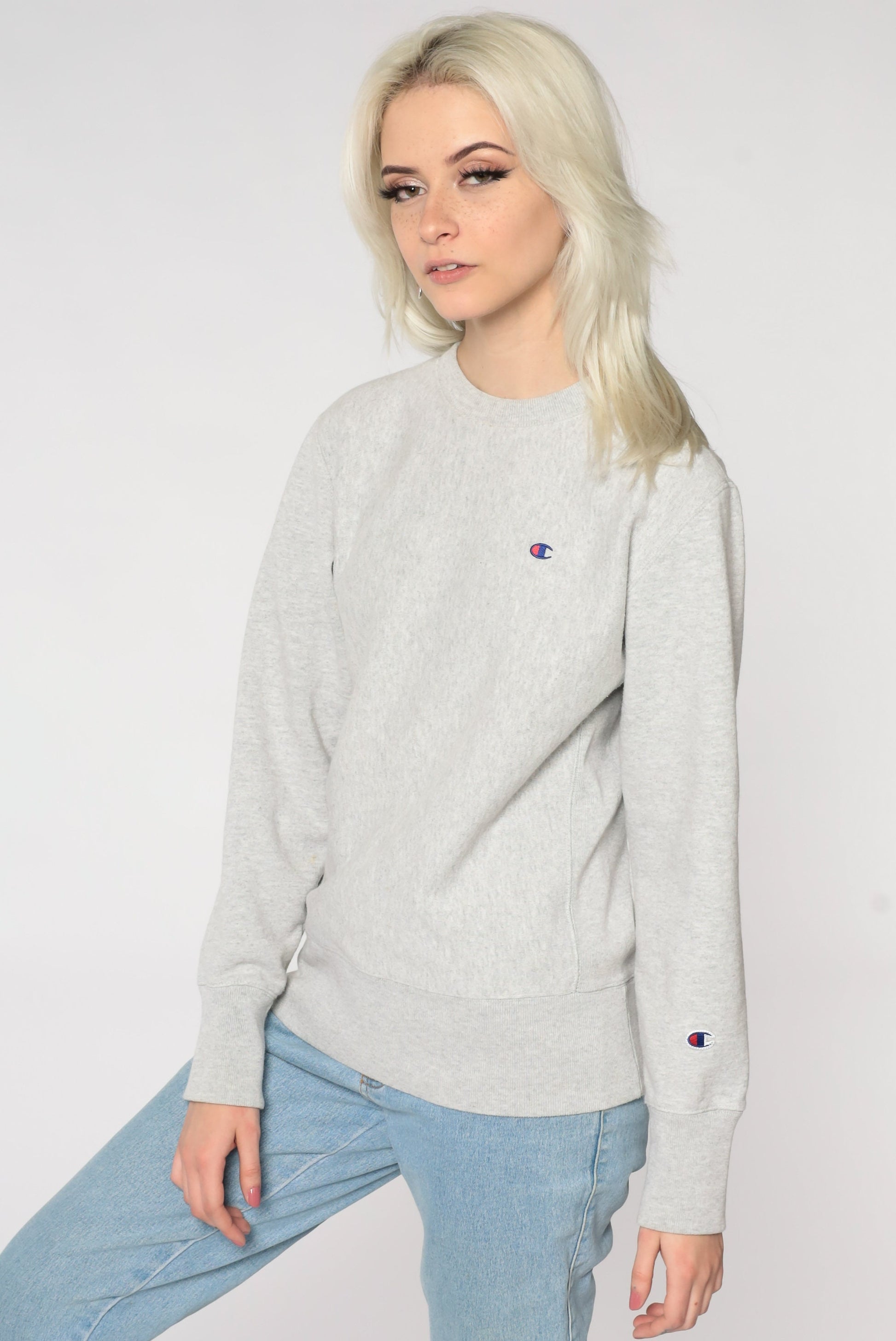 Y2K Champion Grey Crewneck Sweatshirt Plain Pullover Medium