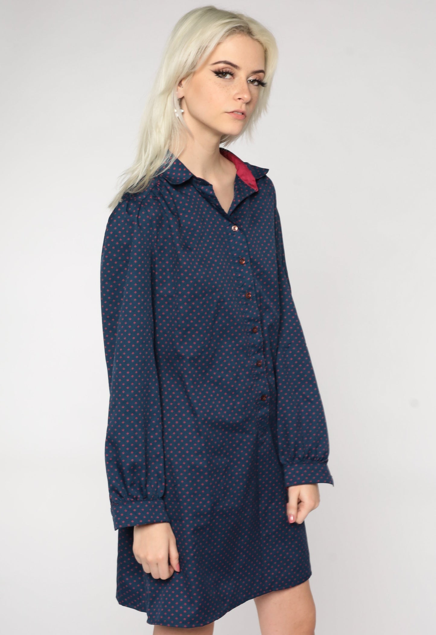 80s Navy Polka Dot Button-Up Mini Dress High Waist Tie Belt Long Sleeve Large L