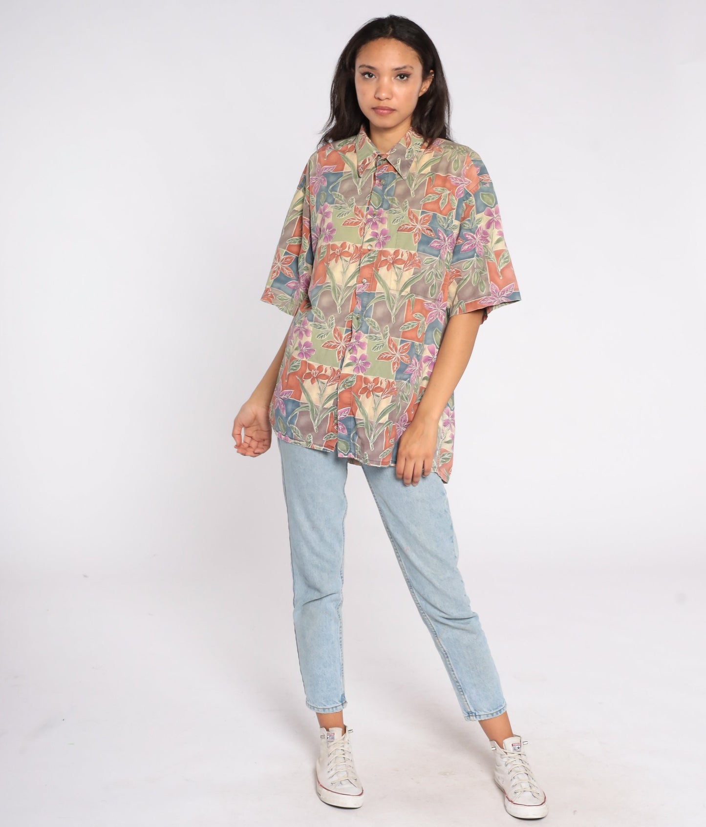 90s Pierre Cardin Floral Button Up Shirt Green Purple Cotton Extra Large Tall