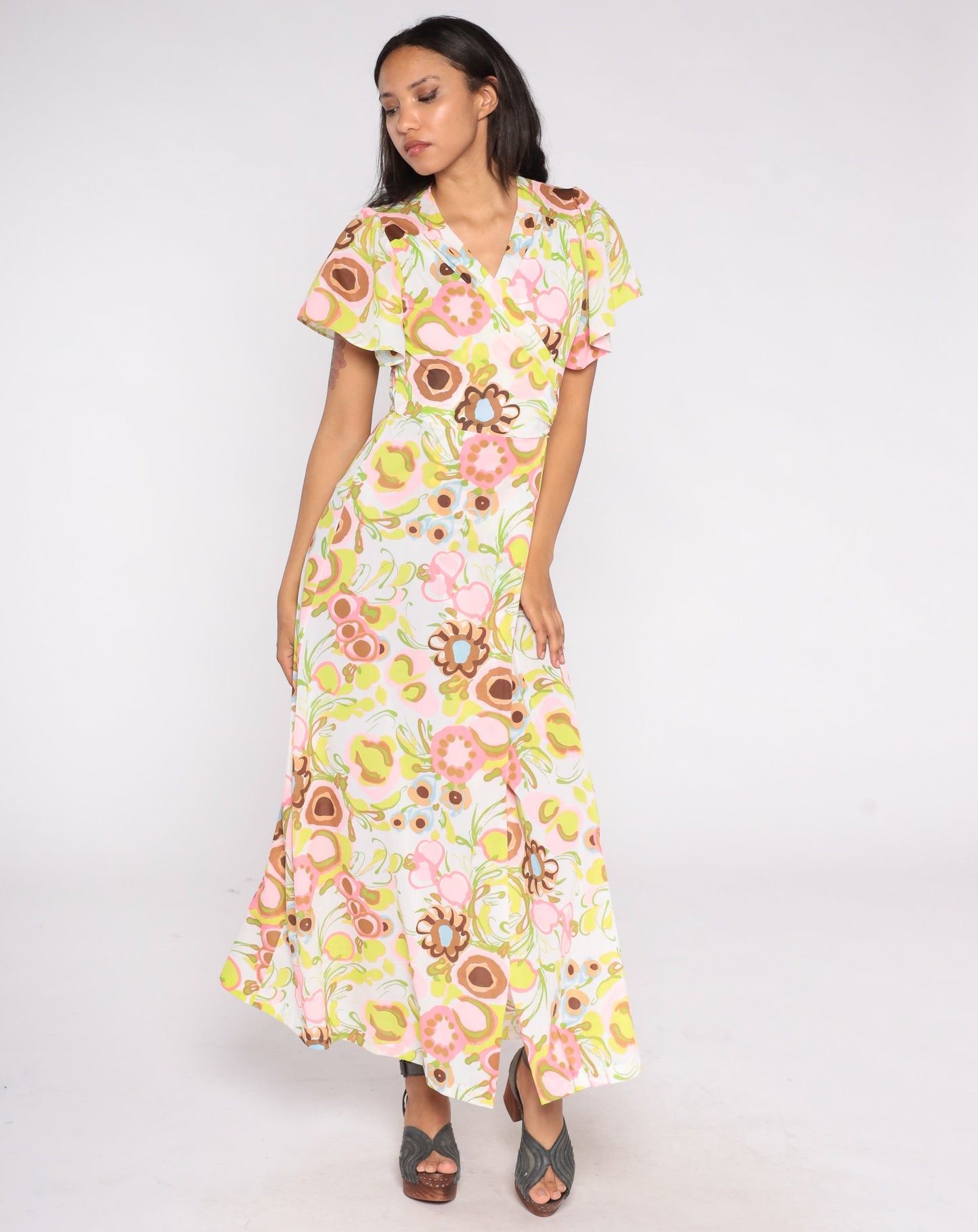 70s Floral Wrap Maxi Dress White Abstract Print High Waist Flutter Sleeve Small