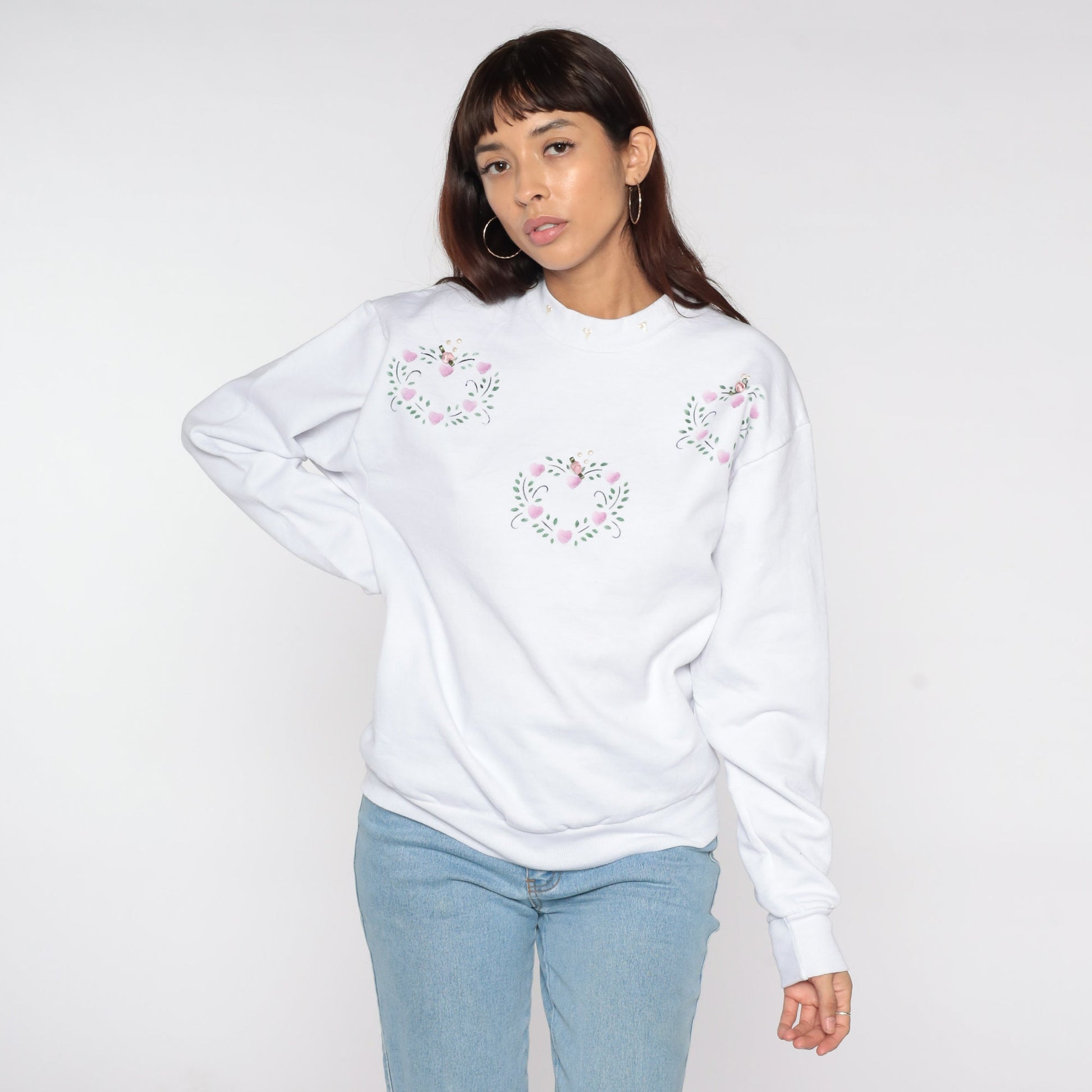 80s Jerzees White Heart Rosette Embellished Sweatshirt Crewneck Medium M