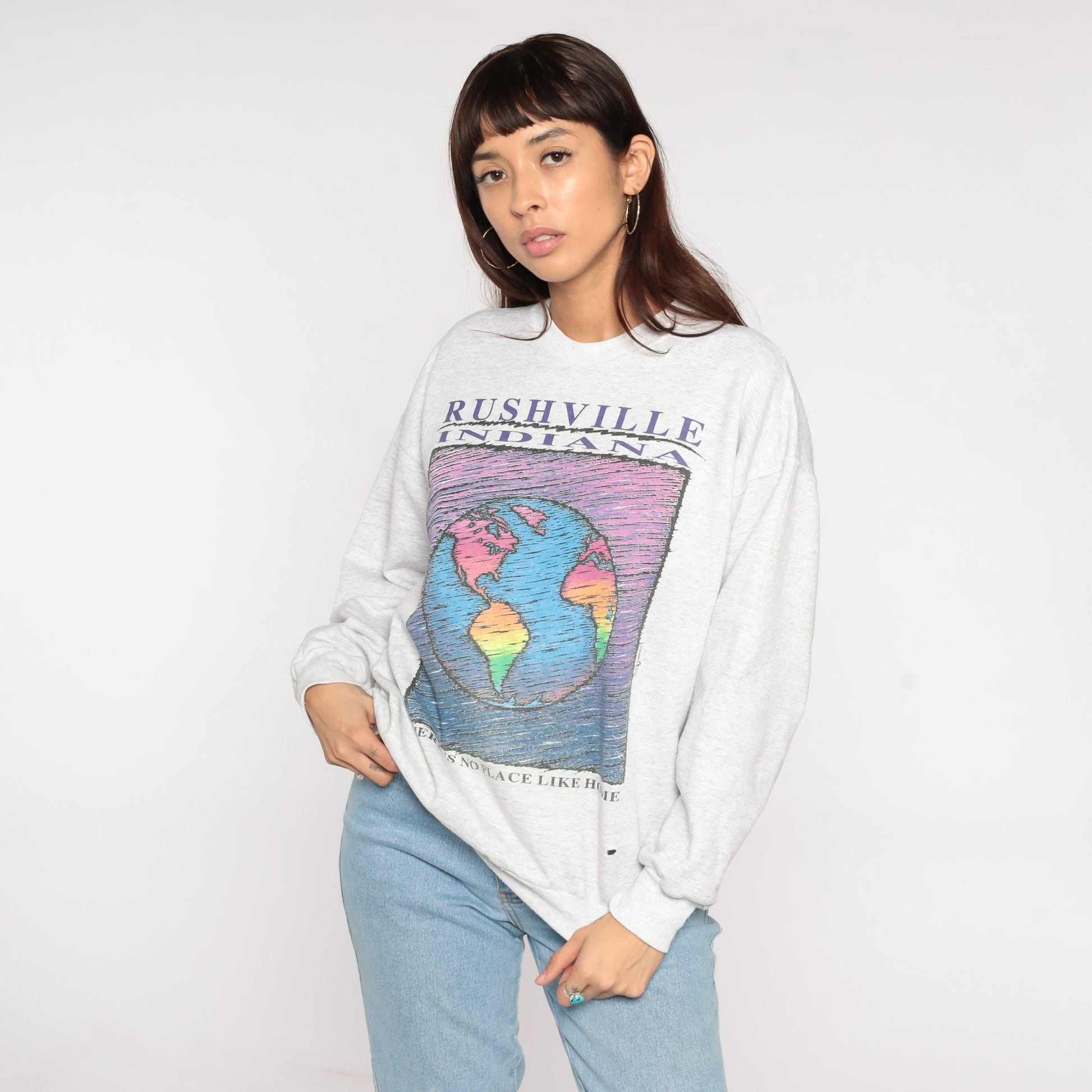 90s Rushville Indiana Sweatshirt Grey Graphic Crewneck There's No Place Like Home Medium M