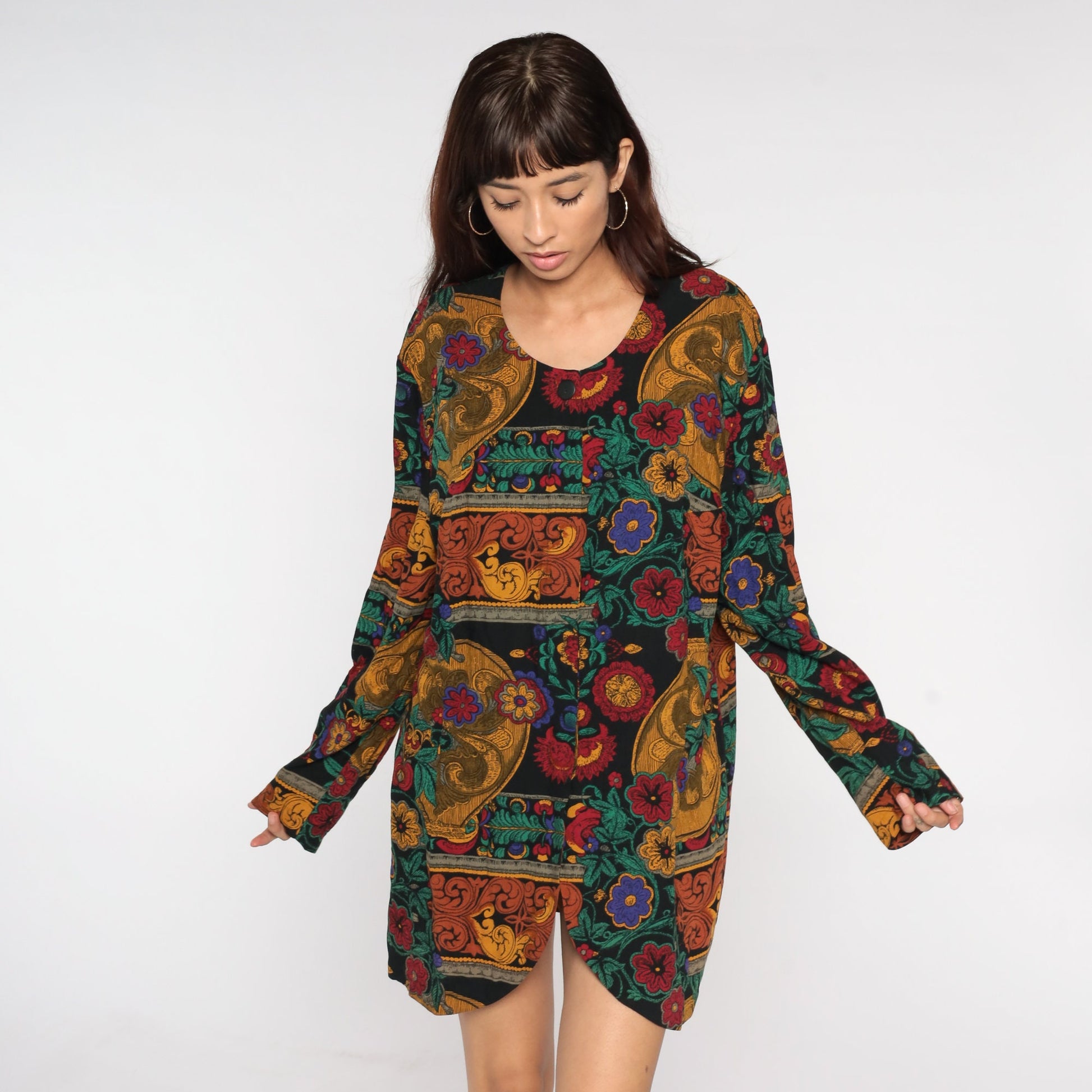 90s Dark Floral Rayon Blouse Long Sleeve Front Slit Tunic Large L