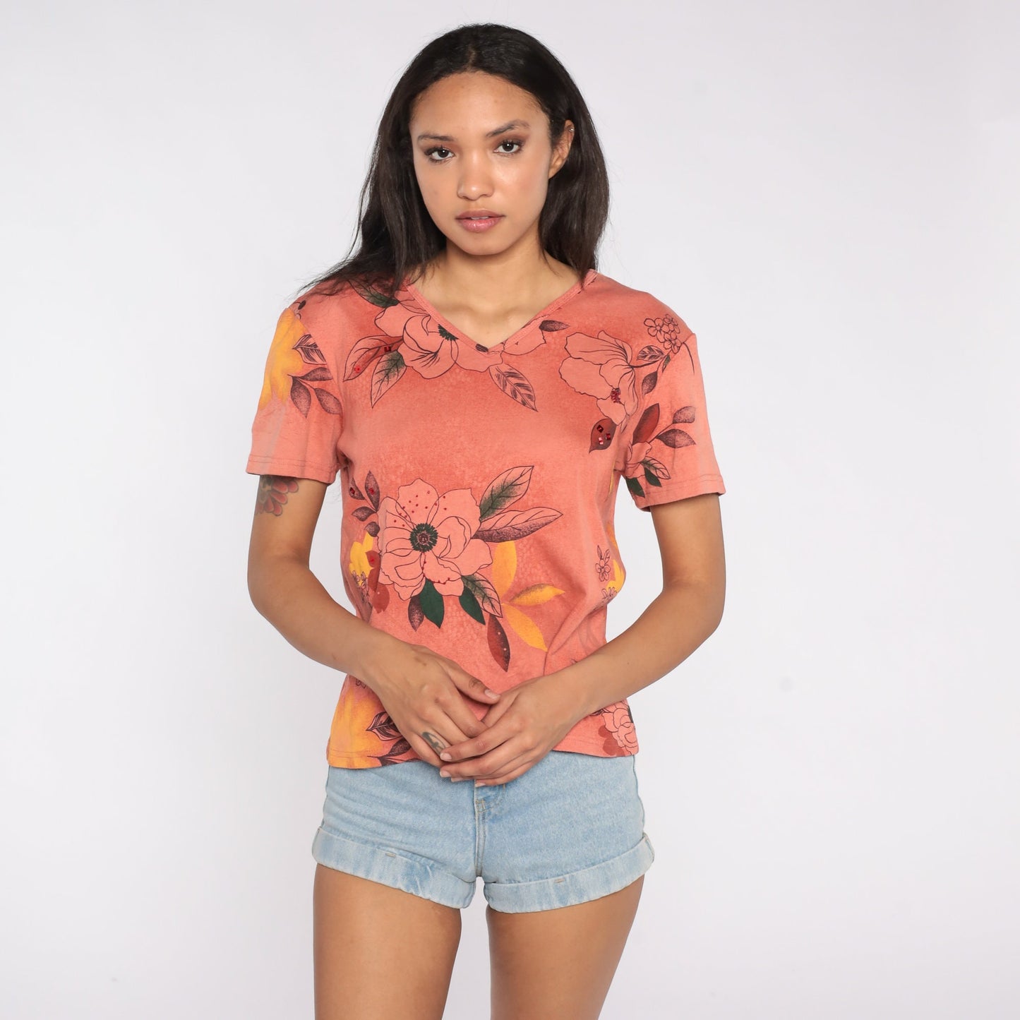 90s Floral V-Neck T-Shirt Coral Pink Flower Print Tee Large L