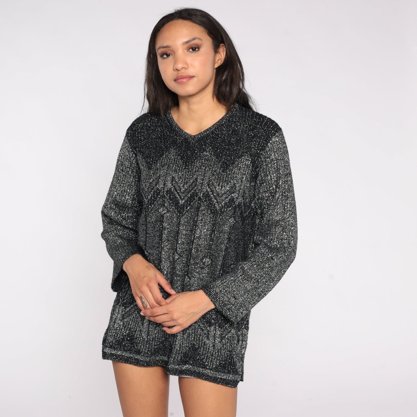 90s Metallic Black Sparkly Knit Top V Neck Long Sleeve Large