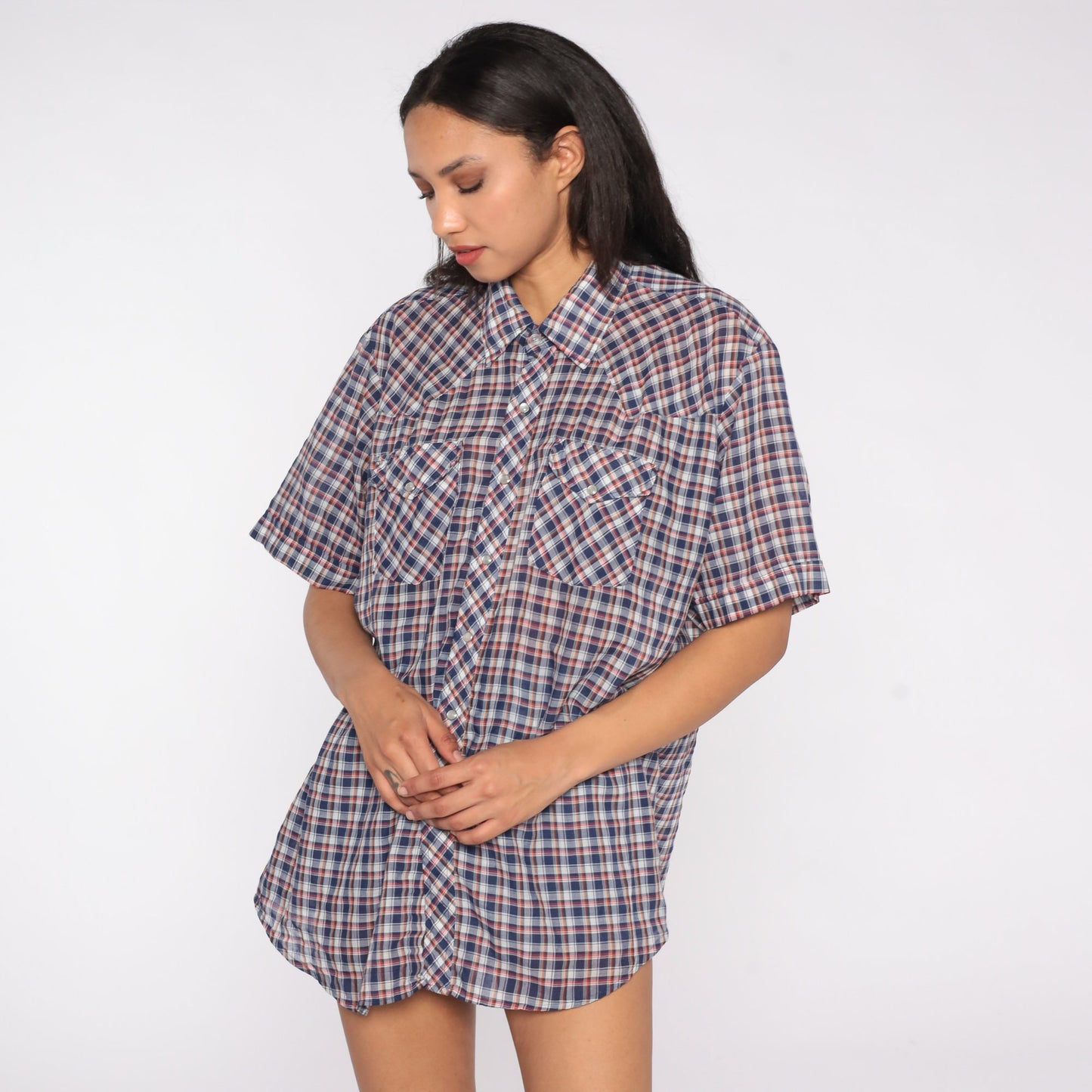 80s Western Pearl Snap Shirt Blue Red Plaid Short Sleeve Extra Large XL